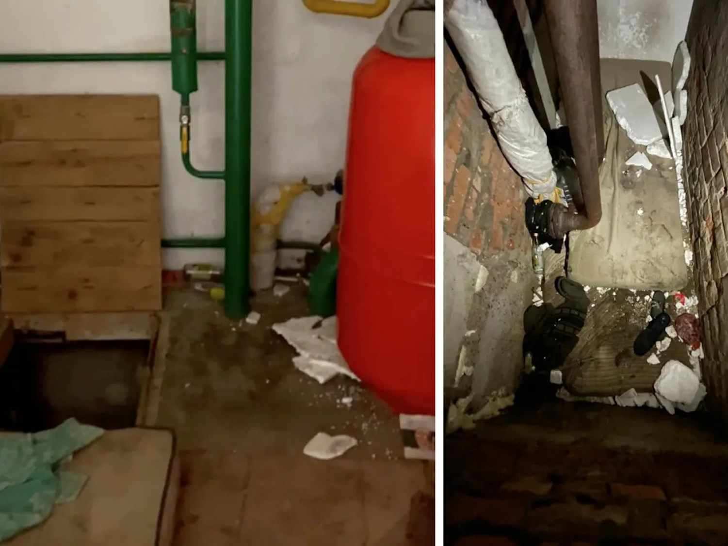Links ist der Zugang zu einem Heizraum in einem Gebäude in Nowyj Bykiw zu sehen, in dem fünf Männer mehrere Tage lang festgehalten worden sind. Sie saßen in einer kleinen Grube im Kesselraum (rechts). Einer der Männer war verletzt und musste liegen, während sich die anderen nur daneben kauern konnten.