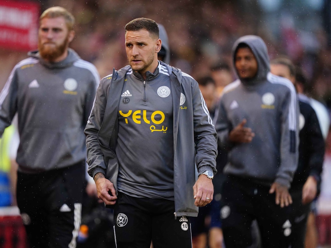 Sheffield-United-Spieler Billy Sharp (M.), hier vor dem Rückspiel des Championship-Playoff-Halbfinales gegen Nottingham Forest am 17. Mai 2022