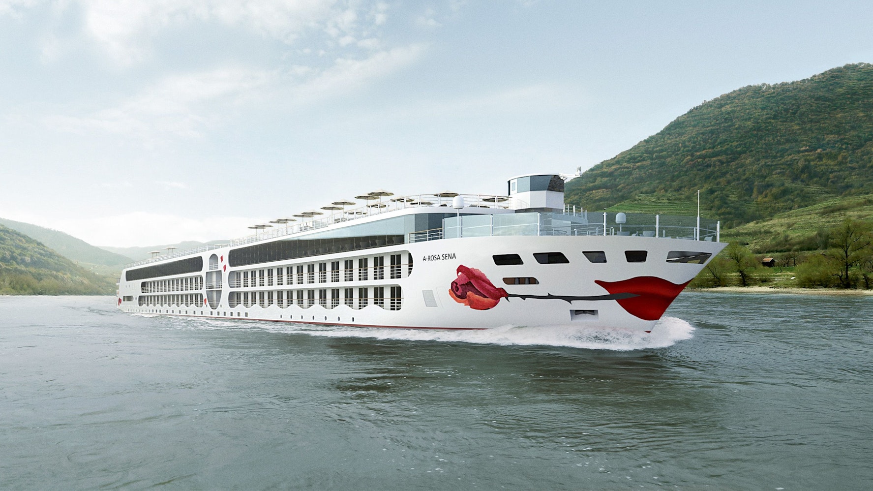 Die neue teils mit Strom angetriebene A-Rosa Sena auf Probefahrt.