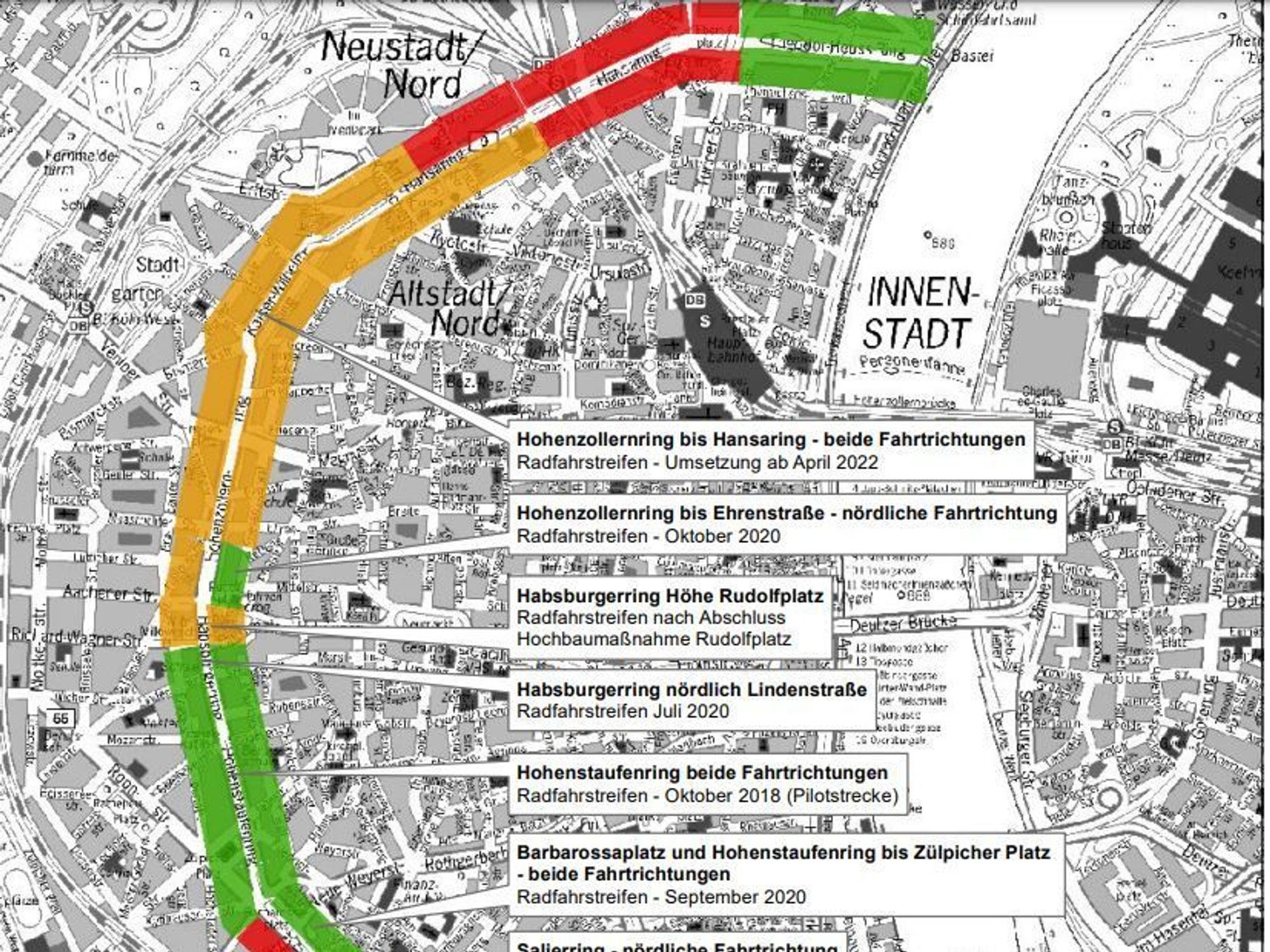 Eine Grafik zeigt das Projekt „Fahrradfreundliche Umgestaltung der Ringe“. Hier sind die aktuellen Maßnahmen eingezeichnet.