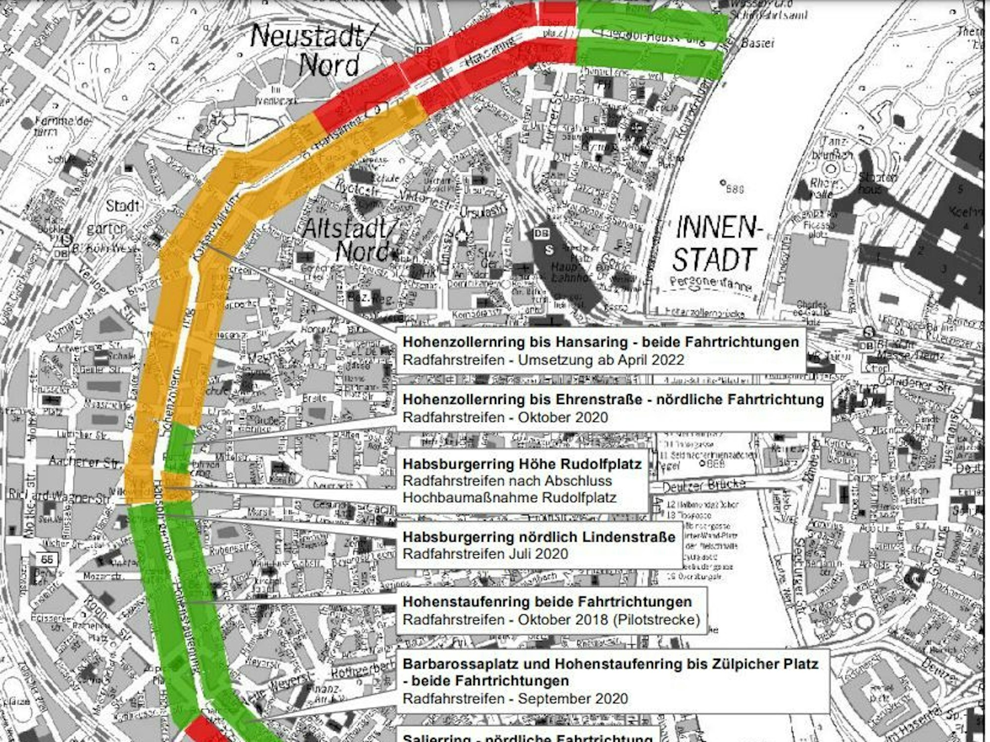Eine Grafik zeigt das Projekt „Fahrradfreundliche Umgestaltung der Ringe“. Hier sind die aktuellen Maßnahmen eingezeichnet.