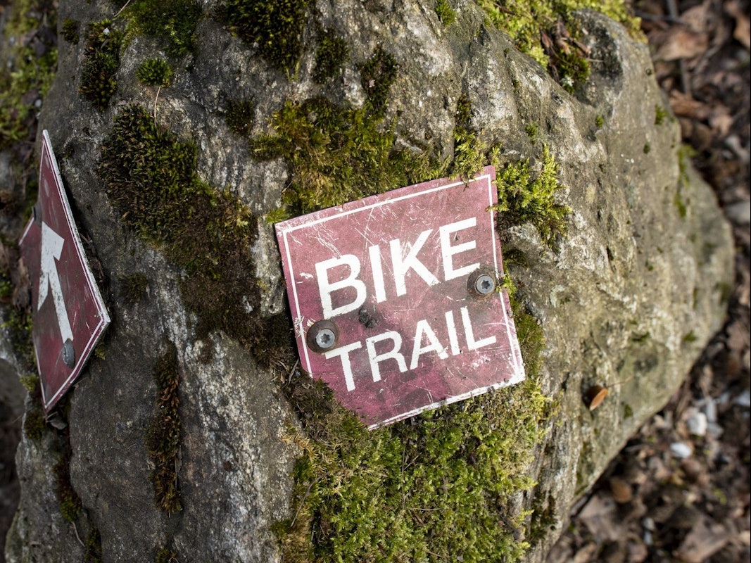 Ein Schild mit der Aufschrift «Bike Trail» (Fahrradweg) liegt auf einer Trail-Strecke in Zürich.