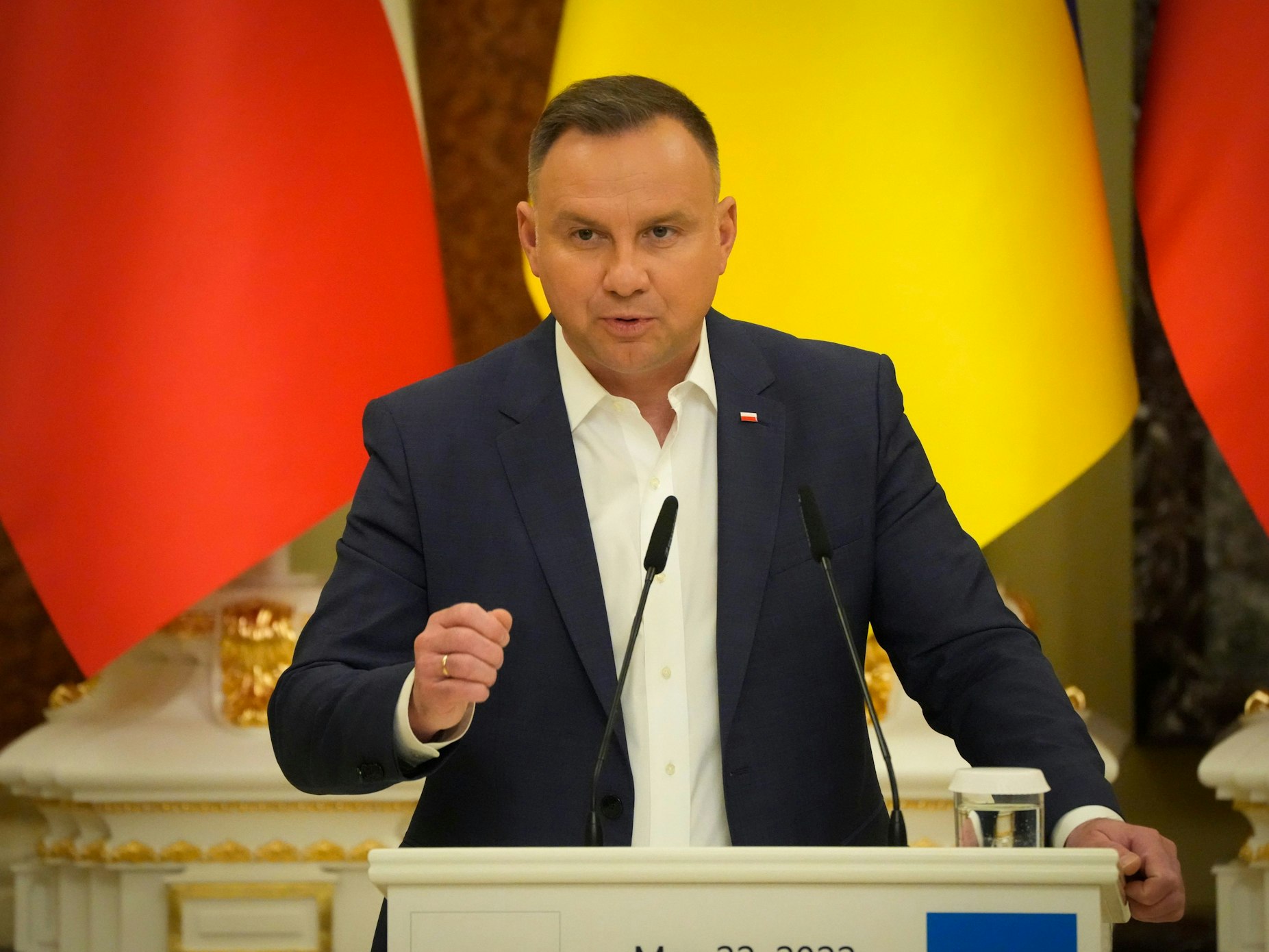 Polens Präsident Andrzej Duda spricht auf einer Pressekonferenz in Kyjiw am 22. Mai 2022. Er zeigte sich enttäuscht von Deutschland.