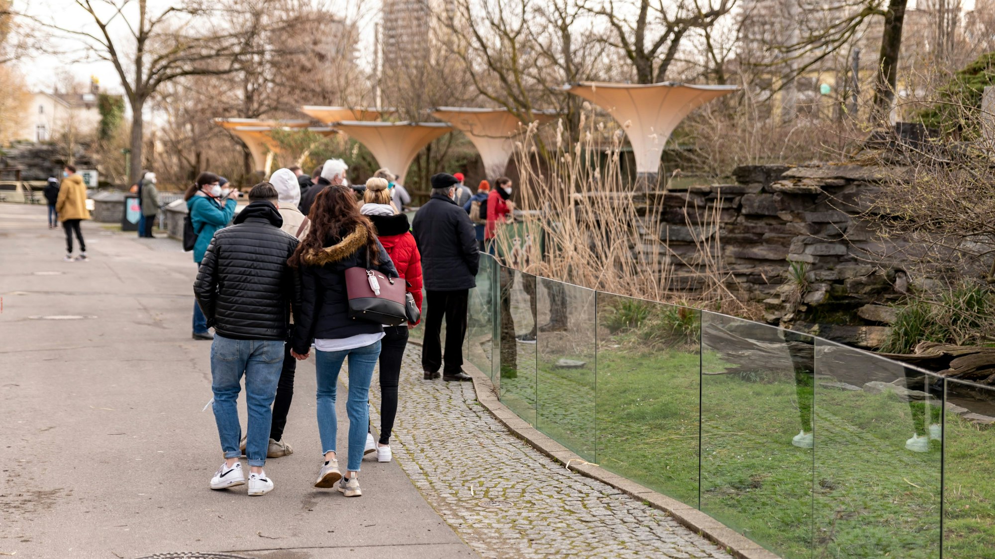 Besucherinnen und Besucher schlendern durch den Kölner Zoo.