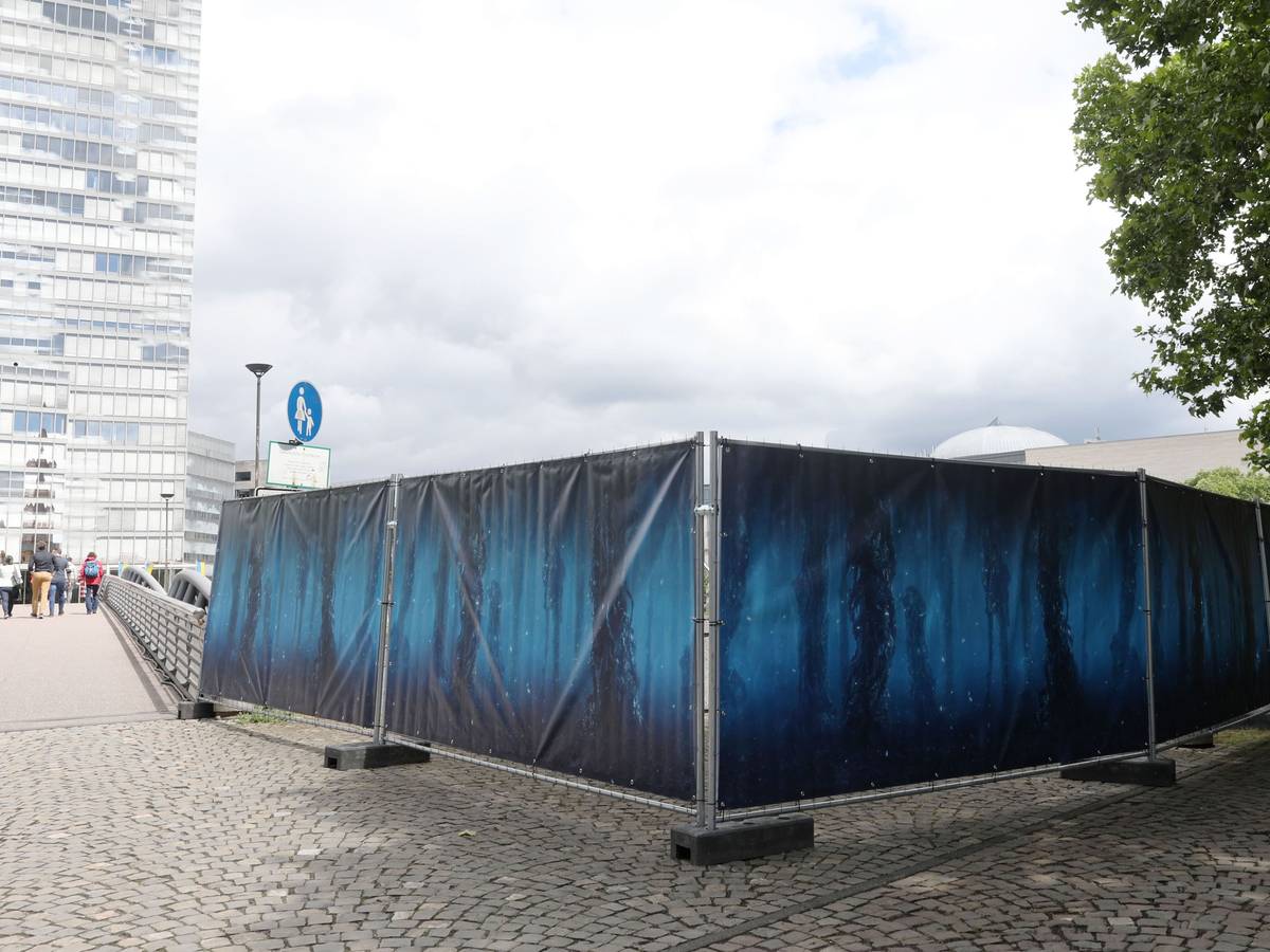 Ein großer blauer Zaun umspannt einen weiten Bereich des Mediaparks.