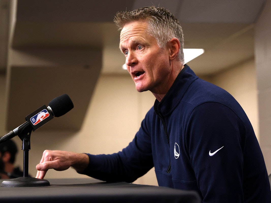 Reacting to the Uvalde, Texas, school shooting earlier in the day, Golden State Warriors coach Steve Kerr makes a statement before Warriors played the Dallas Mavericks in Game 4 of the NBA basketball playoffs Western Conference finals Tuesday, May 24, 2022, in Dallas. (Scott Strazzante/San Francisco Chronicle via AP)