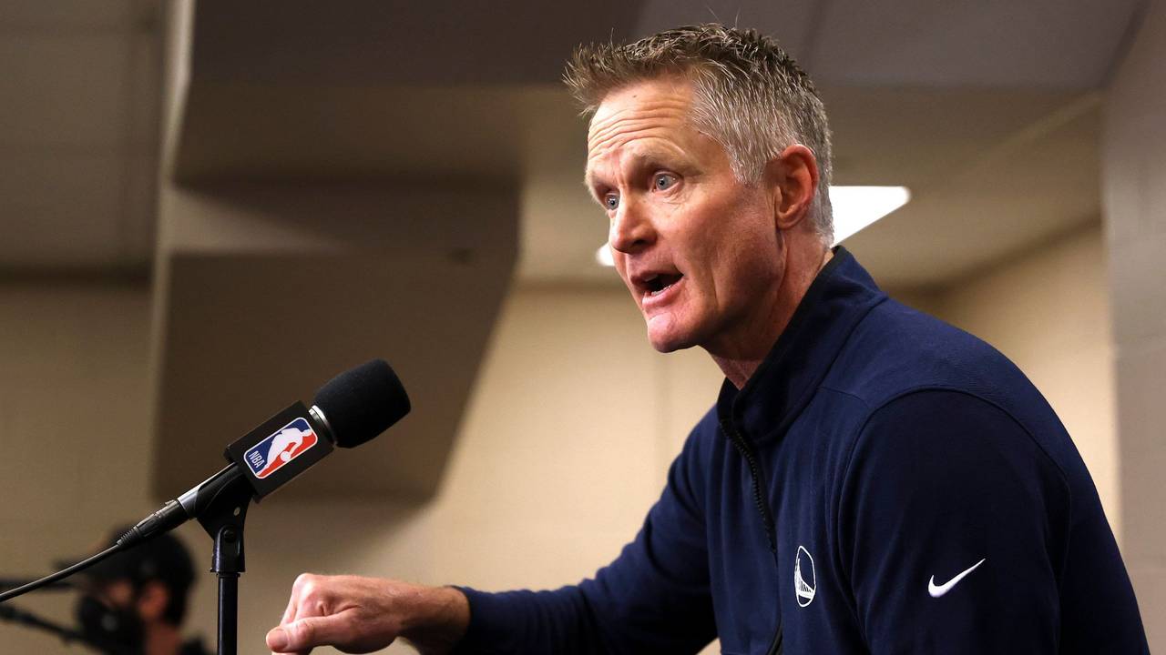 Reacting to the Uvalde, Texas, school shooting earlier in the day, Golden State Warriors coach Steve Kerr makes a statement before Warriors played the Dallas Mavericks in Game 4 of the NBA basketball playoffs Western Conference finals Tuesday, May 24, 2022, in Dallas. (Scott Strazzante/San Francisco Chronicle via AP)