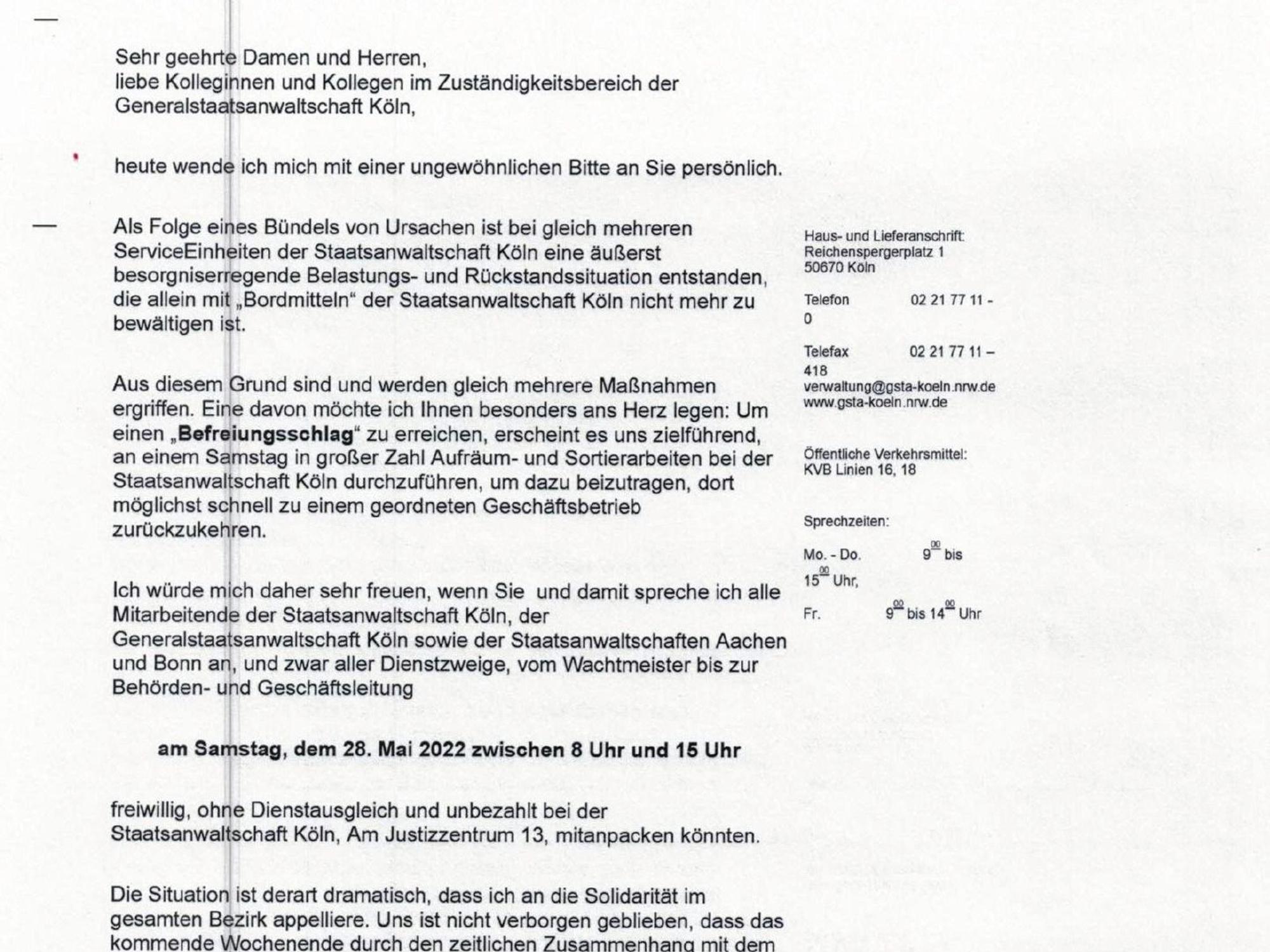 Schreiben der Staatsanwaltschaft an Bedienstete, die ausnahmsweise ohne Bezahlung arbeiten sollen.