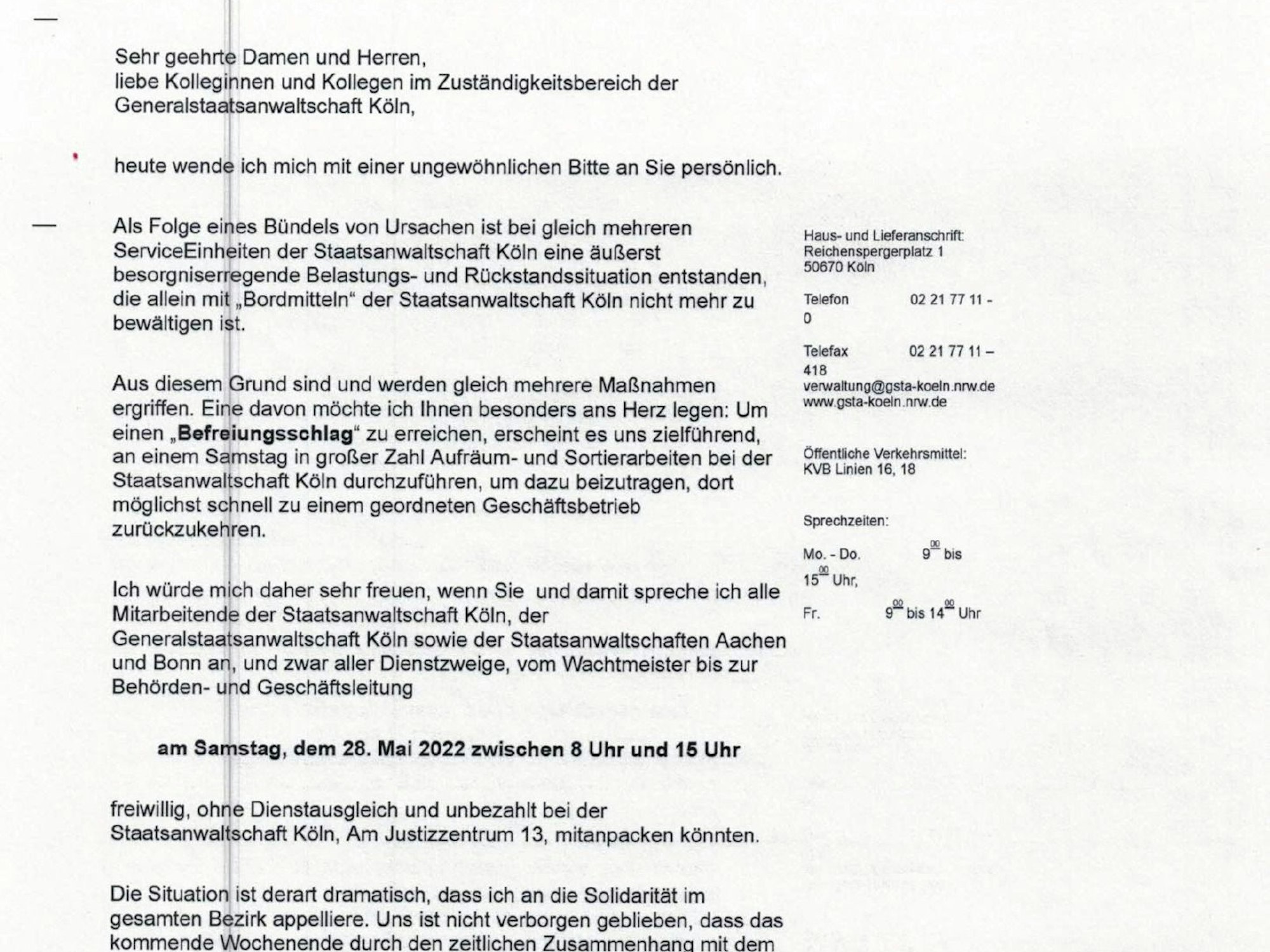 Schreiben der Staatsanwaltschaft an Bedienstete, die ausnahmsweise ohne Bezahlung arbeiten sollen.