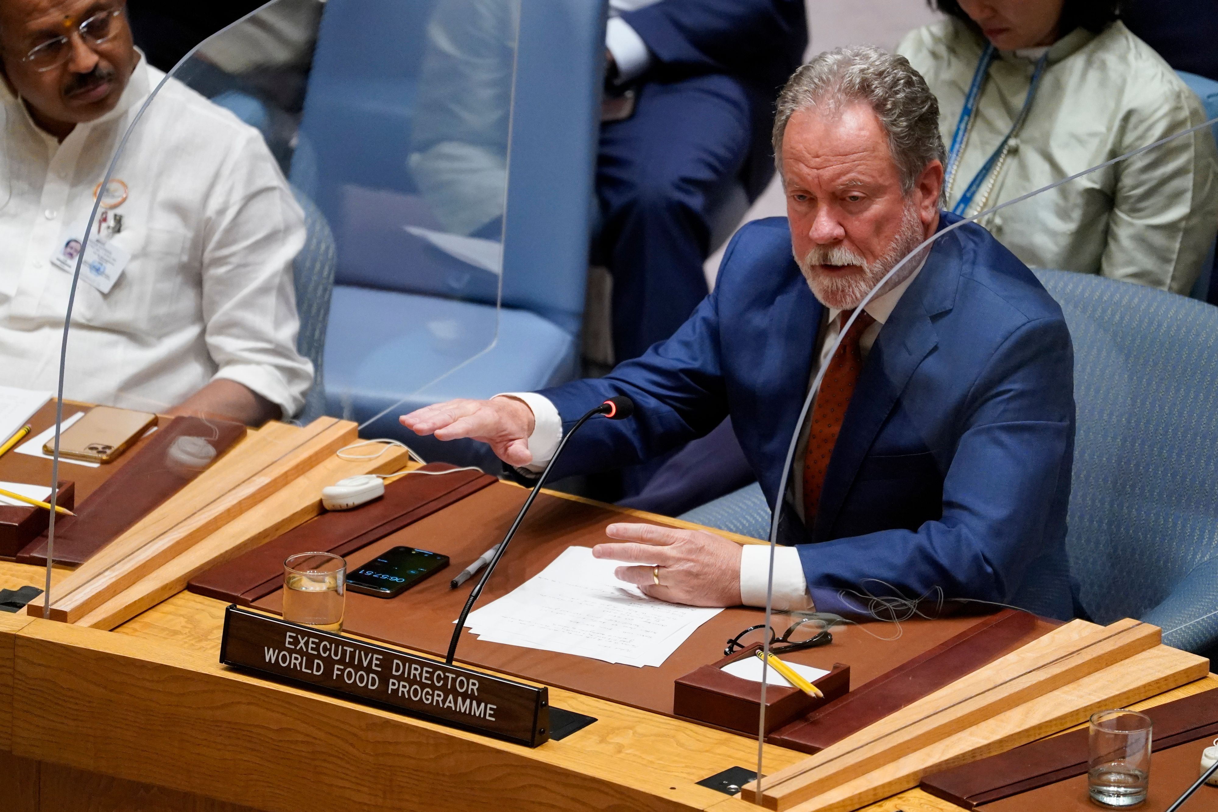 David Beasley, Exekutivdirektor des Welternährungsprogramms der Vereinten Nationen, spricht während einer eine Sitzung des Sicherheitsrats der Vereinten Nationen zu Ernährungsunsicherheit und Konflikten.