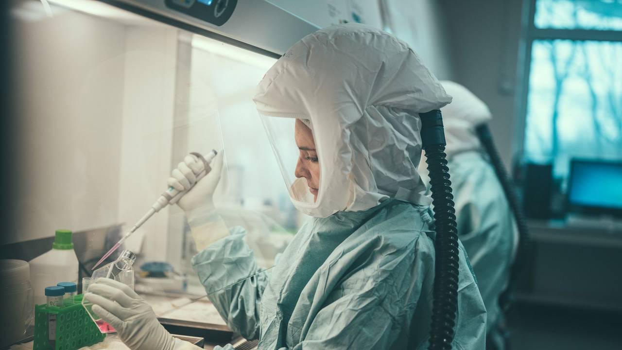 Eine Frau arbeitet im Institut für Mikrobiologie der Bundeswehr in München (Bestmögliche Bildqualität).