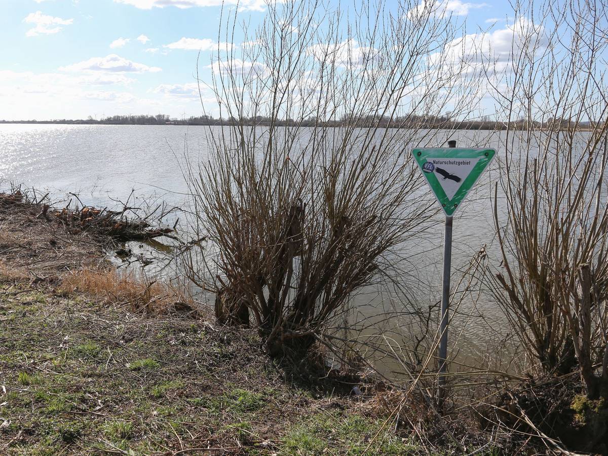 Ein Schild an einem See weist auf ein Naturschutzgebiet hin.