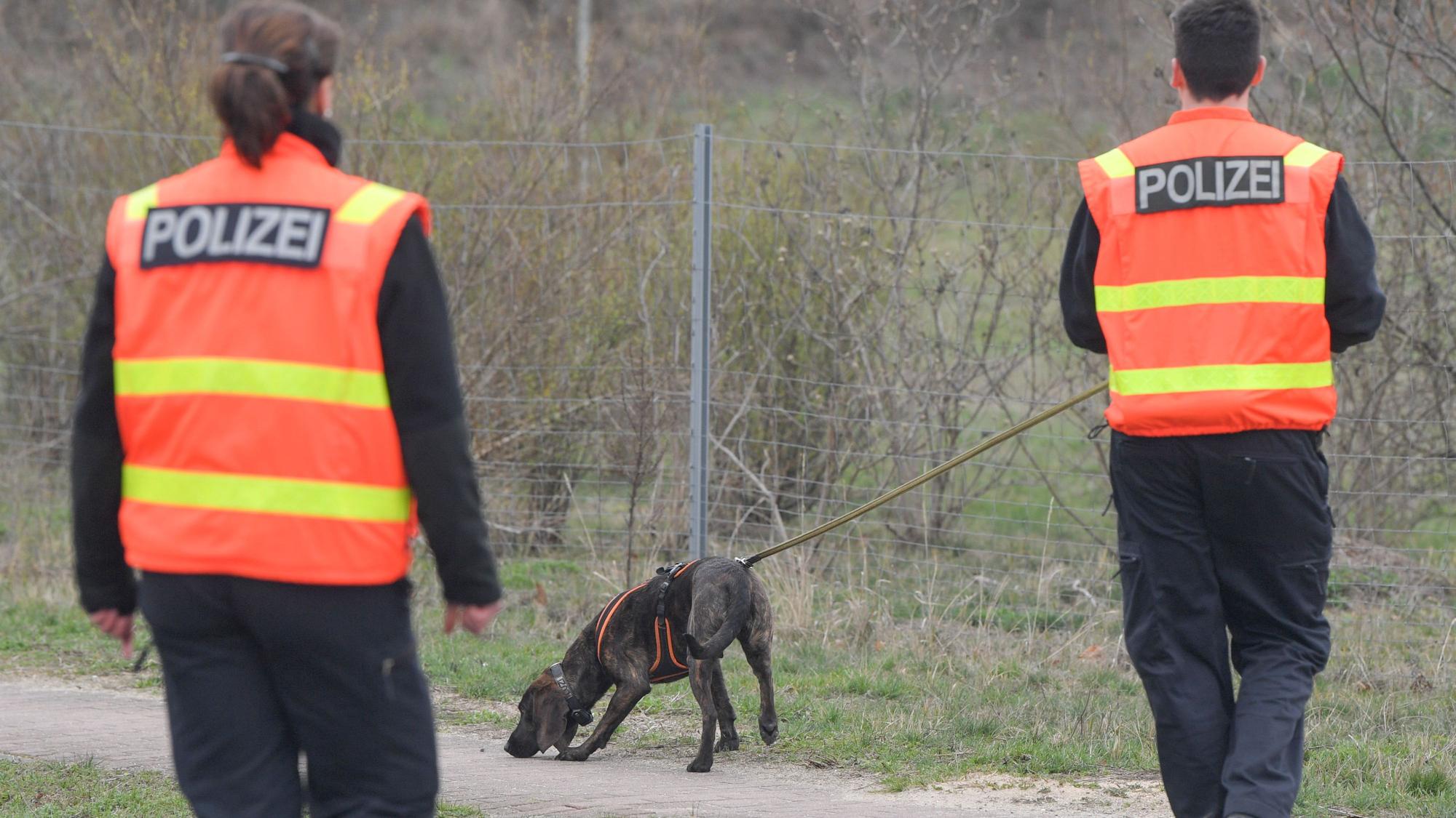 Ein Polizeihund wird zur Suche nach der vermissten Person eingesetzt.