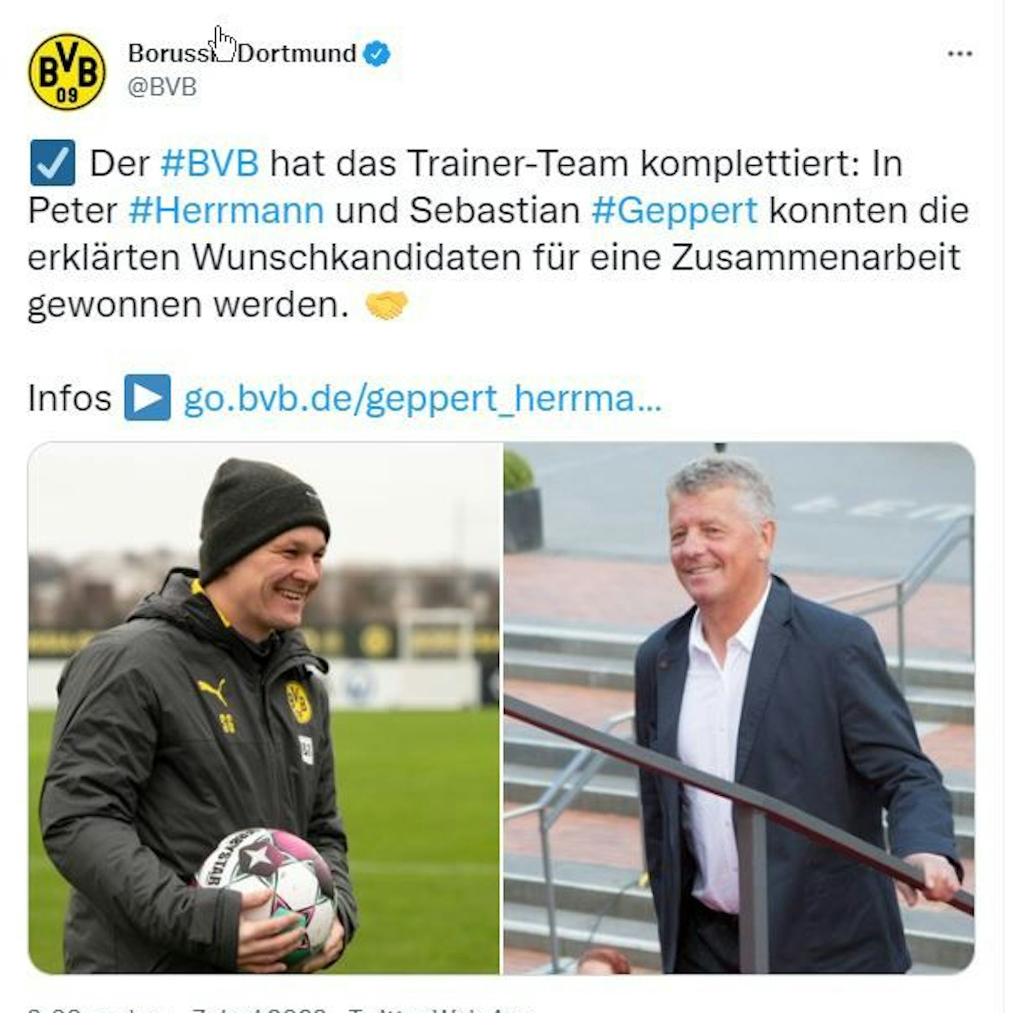 Borussia Dortmund verkündete am Dienstag (7. Juni 2022) die Verpflichtung von Peter Hermann (r.) und Sebastian Geppert via Twitter