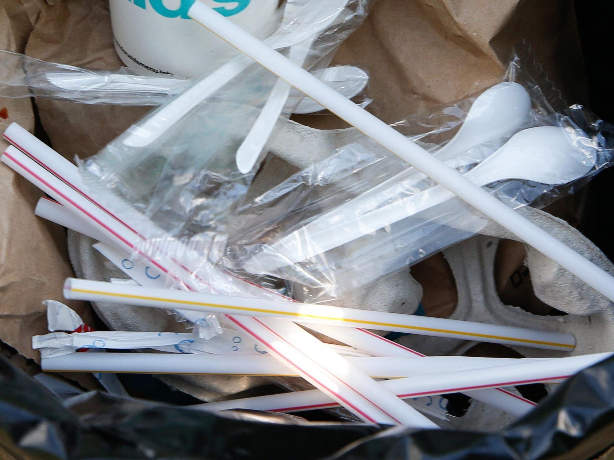 Ein Plastikbecher für einen Shake, ein Getränkebecher für Softdrinks sowie Einweggeschirr aus Plastik liegen in einem Mülleimer.