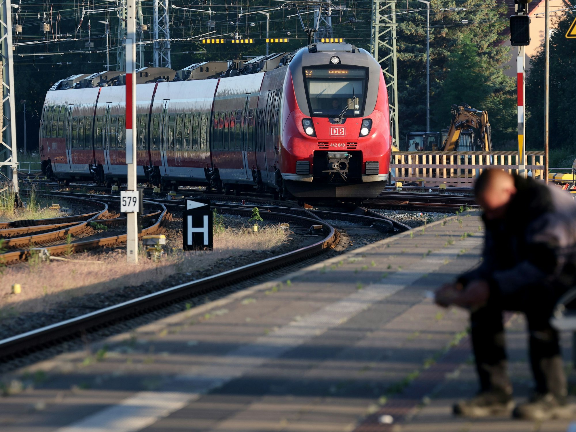 Eine S-Bahn aus Warnemünde fährt in einen Hauptbahnhof ein.