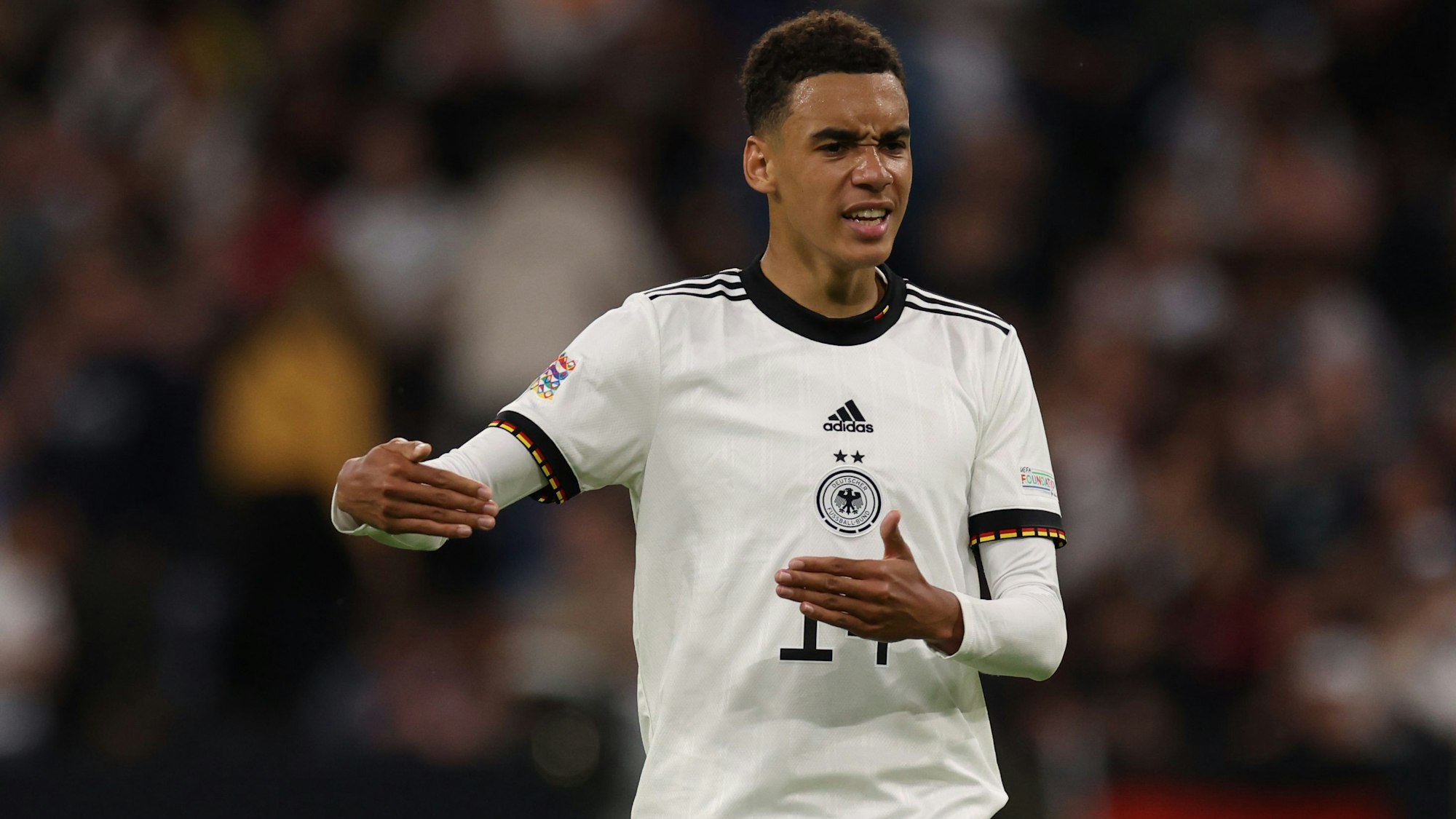 Deutschlands Jamal Musiala gestikuliert.