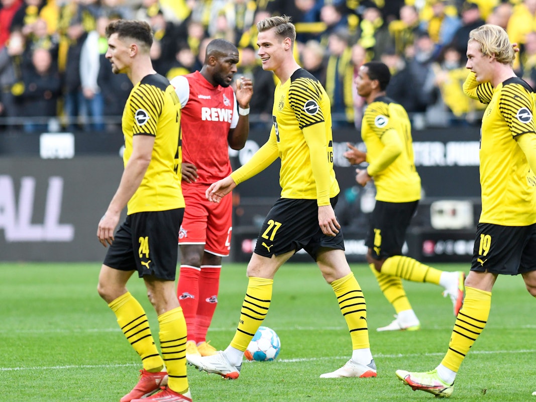 Künftig wohl Sturmkollegen: Steffen Tigges und Anthony Modeste beim Bundesliga-Duell zwischen Borussia Dortmund und dem 1. FC Köln am 30. Oktober 2021.