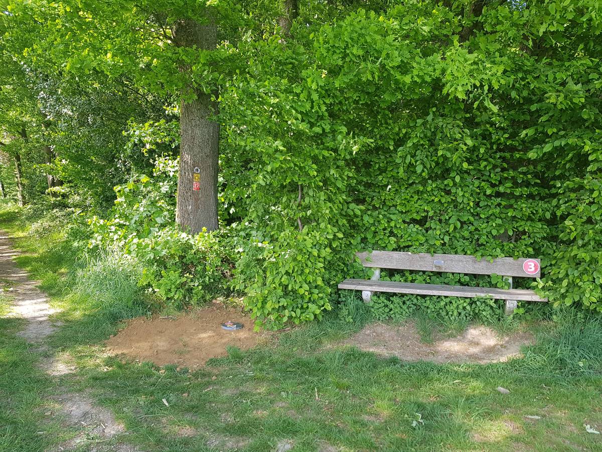 Bank an einem Wanderweg, daneben ein Erdloch.
