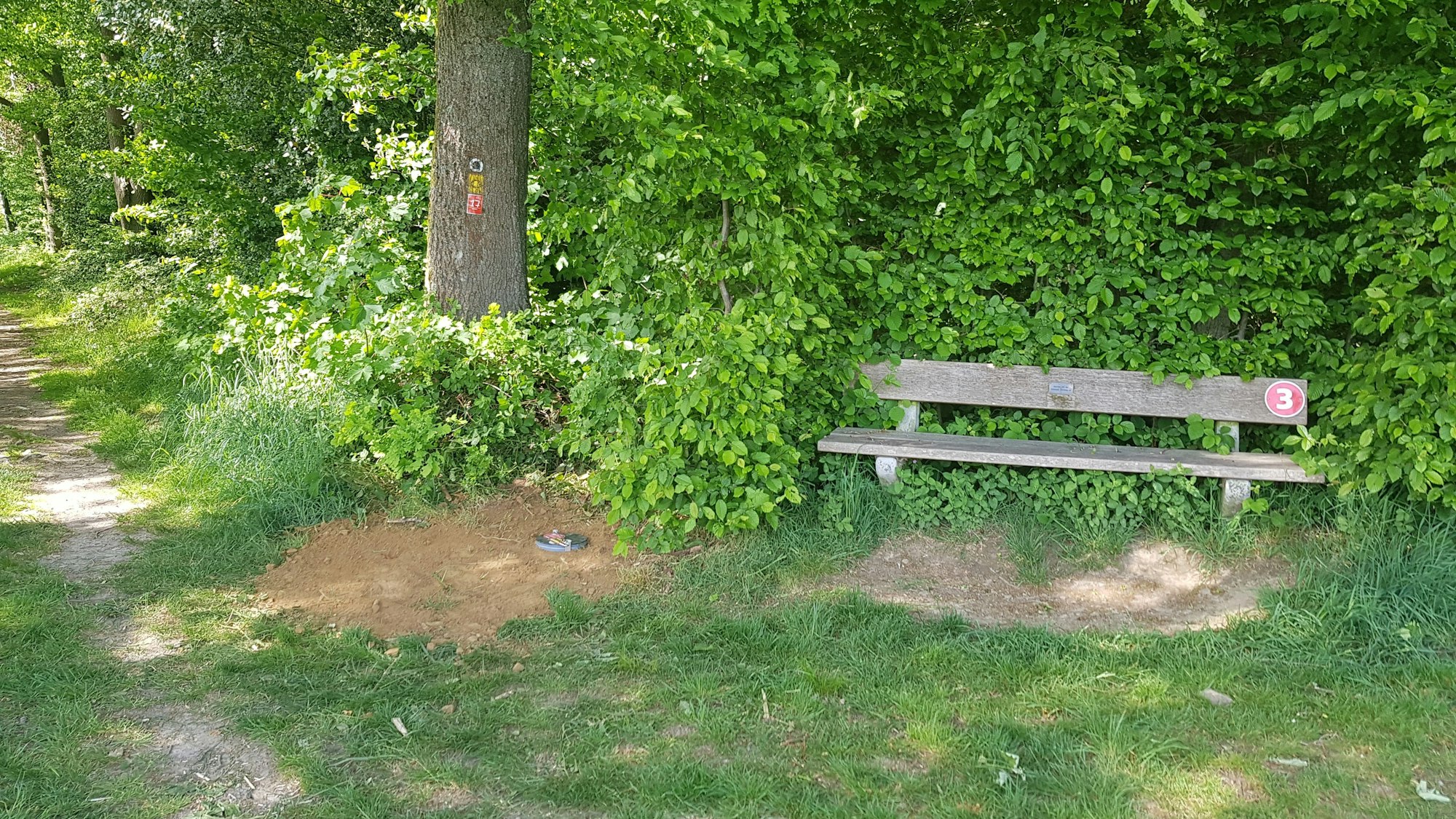 Bank an einem Wanderweg, daneben ein Erdloch.