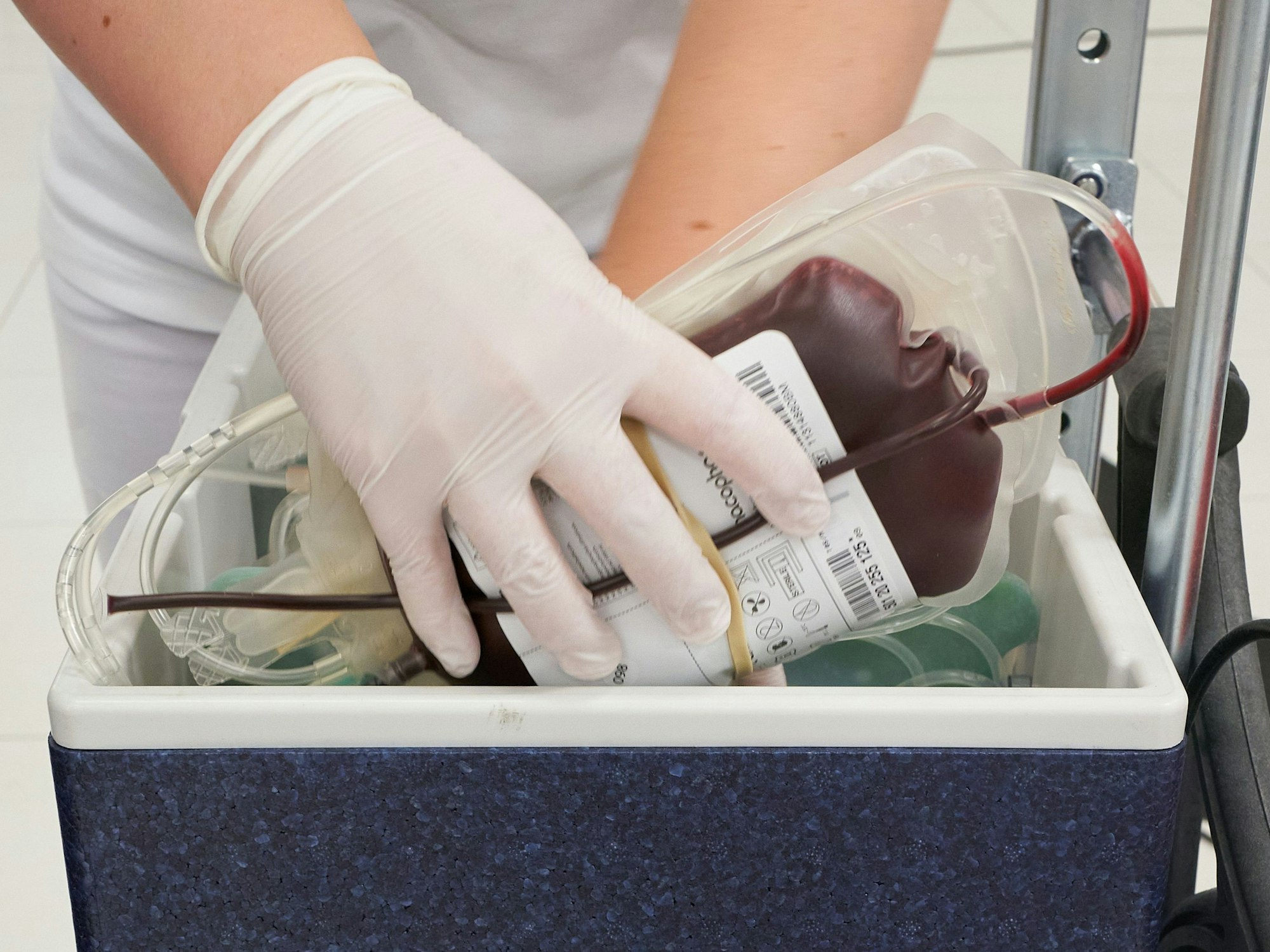 Ein Mitarbeiter des DRK-Blutspendedienstes verstaut eine Blutkonserve in einem Kühlbehälter.