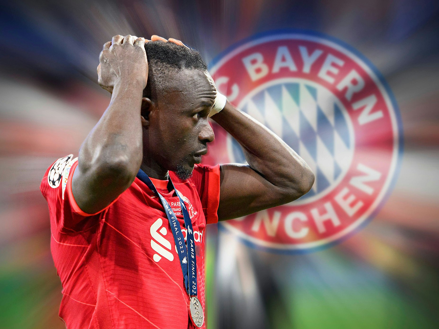 Sadio Mane im Liverpool-Trikot in einer Fotomontage vor dem Logo des FC Bayern.