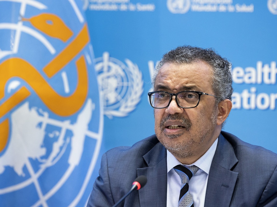 WHO-Chef Tedros Adhanom Ghebreyesus spricht bei einer Pressekonferenz.