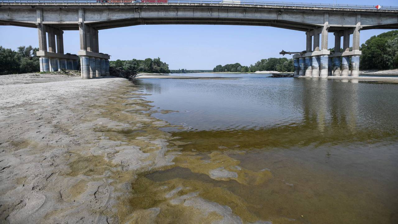 Das Foto vom 15. Juni zeigt das völlig ausgetrocknete Bett des Po, nordöstlich von Parma (Italien). Auch Norditalien leidet, wie viele Teile von Europa, unter einer Dürre. Der Wasseranbieter fordert, dass den Menschen hier zeitweise das Trinkwasser abgestellt werden soll.