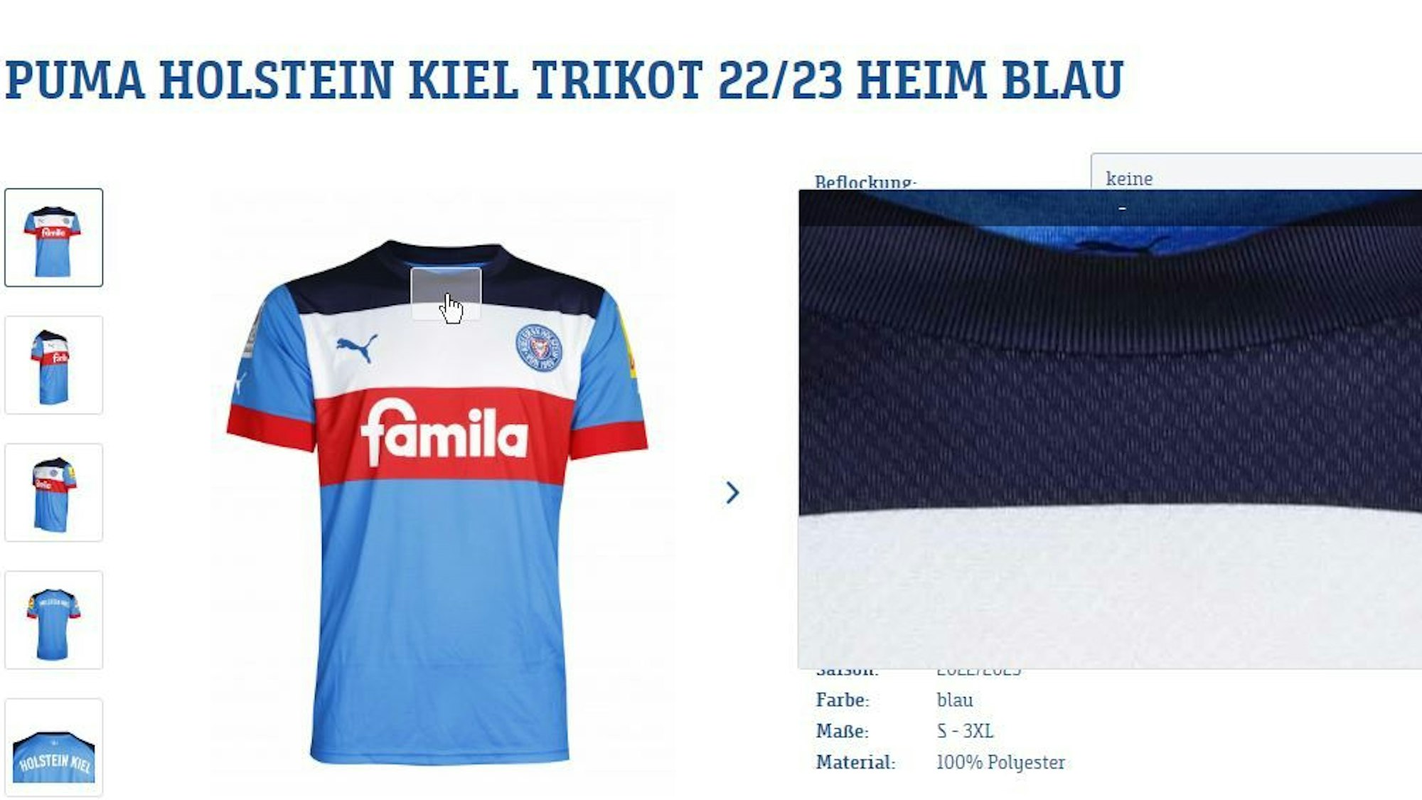 Screenshot aus dem Fanshop von Holstein Kiel mit der Detail-Ansicht zum neuen Trikot, das am Montag (20. Juni 2022) vorgestellt wurde. Wegen vermeintlicher Ähnlichkeit zur Reichtskriegsflagge entbrannte eine Diskussion bei Twitter.