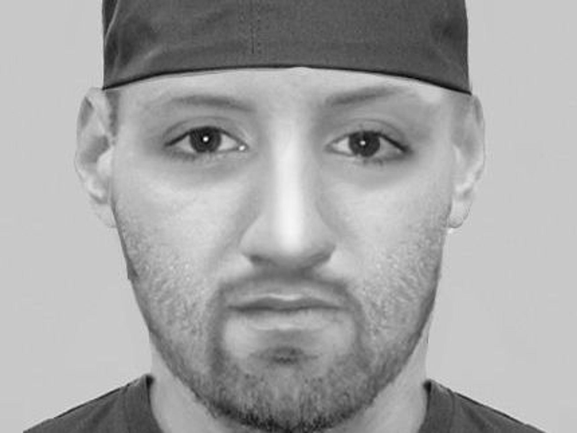 Phantombild eines Mannes mit Kappe und Bart. Er wird von der Polizei gesucht.