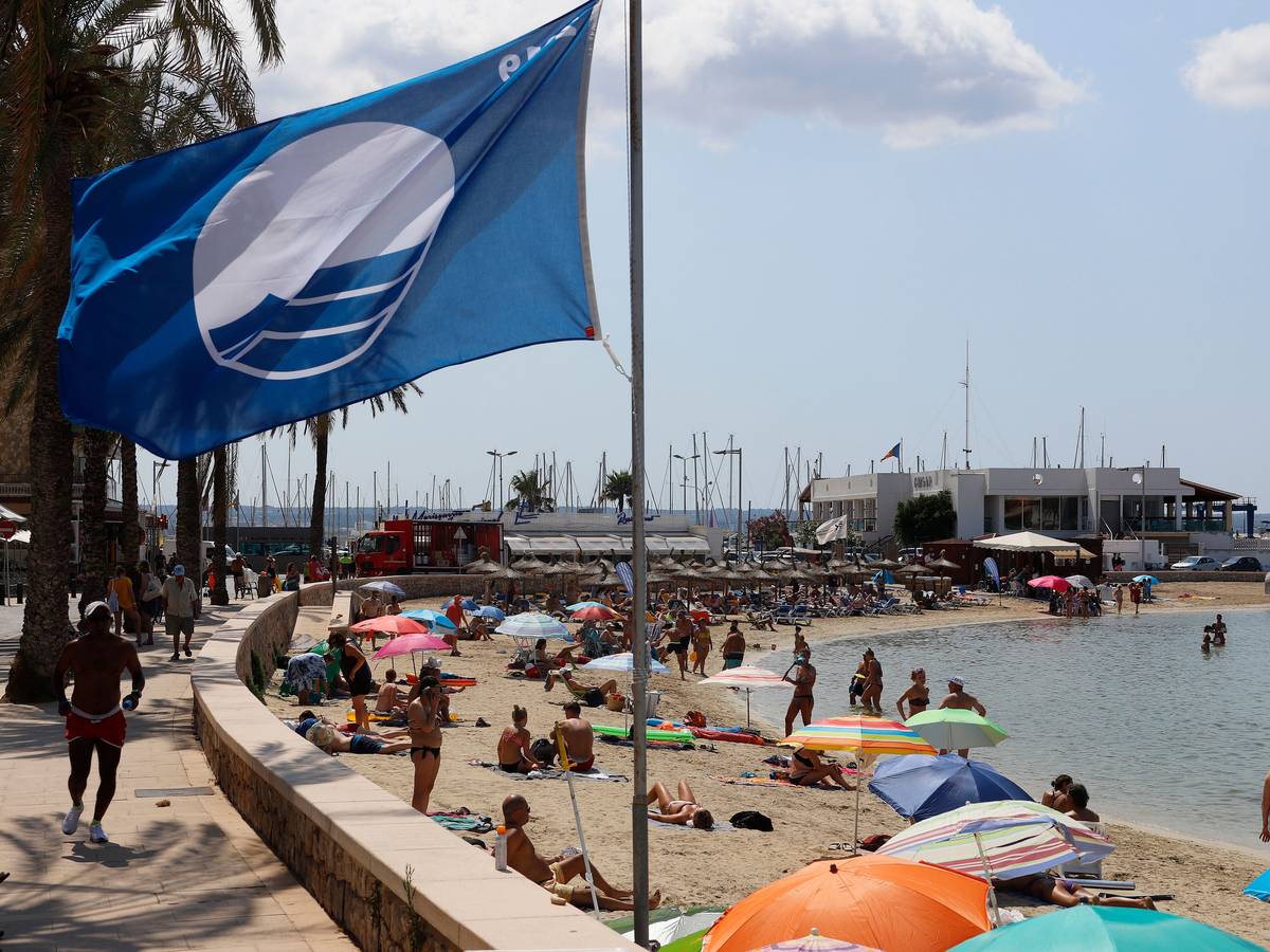 Eine blaue Flagge als Gütezeichen für „gute Wasserqualität“ weht am Strand der Bucht Cala Estancia im Wind (aufgenommen 2019).