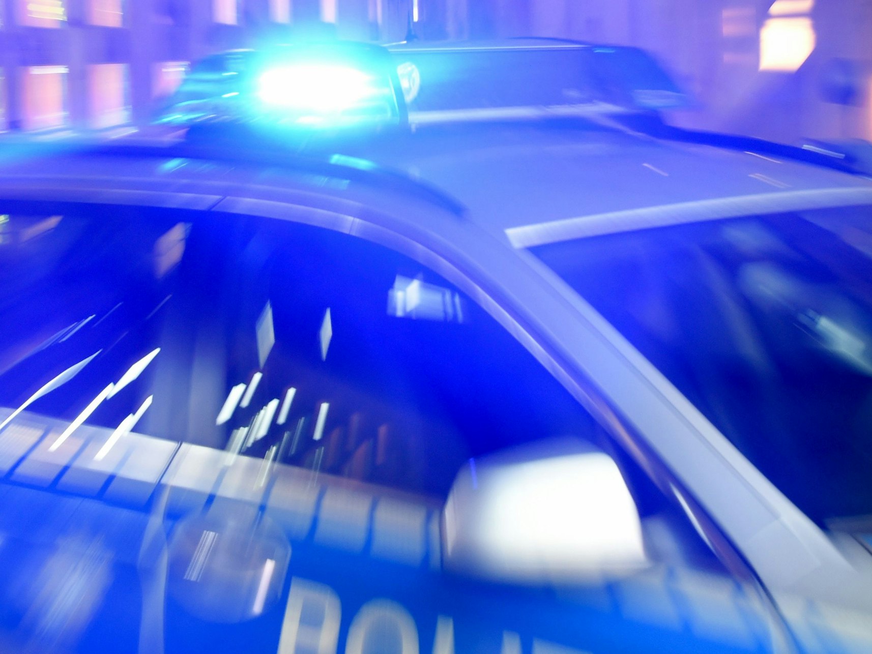 Ein Streifenwagen der Bundespolizei steht 2015 mit eingeschaltetem Blaulicht in Flensburg (Schleswig-Holstein) in der Ausfahrt einer Garage.