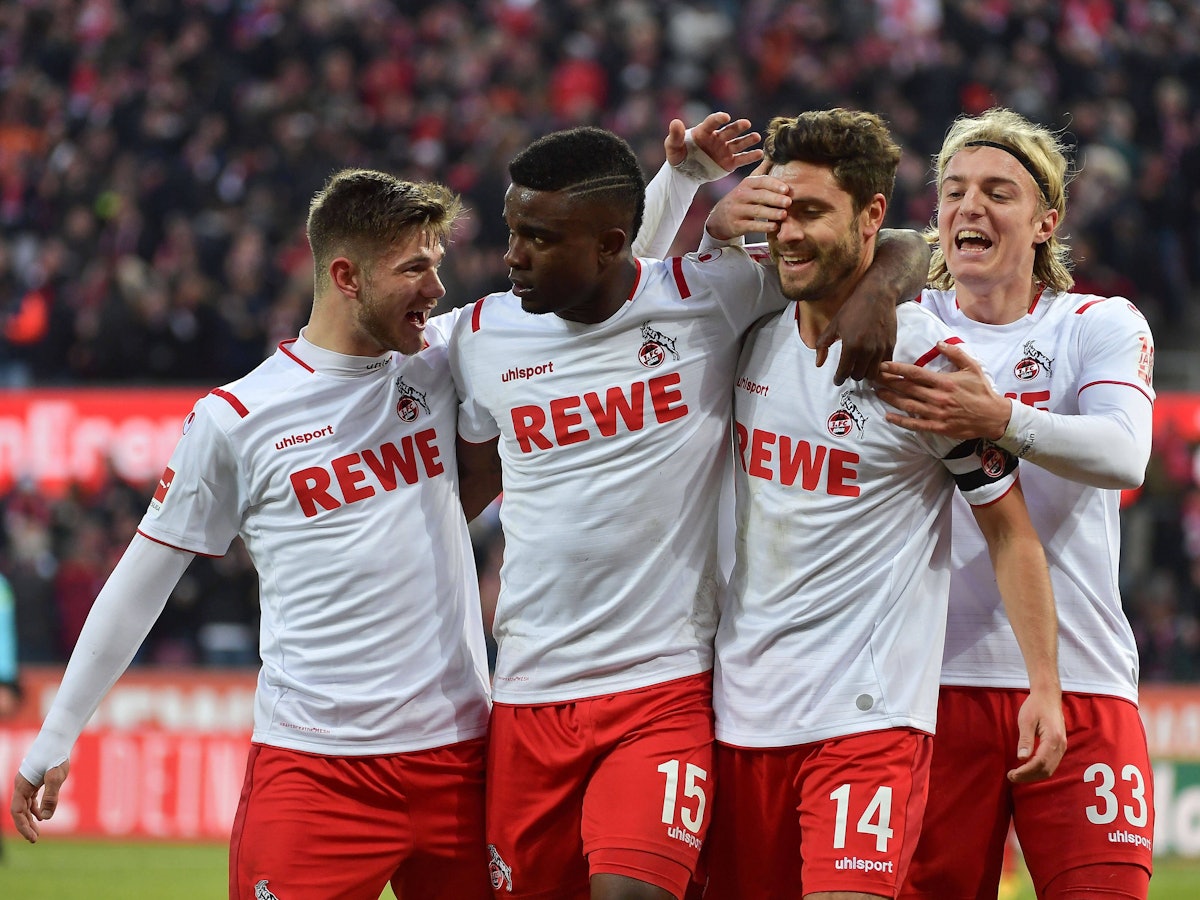 Jhon Cordoba (2.v.l.) jubelte am 18. Januar 2020 mit seinen damaligen Köln-Kollegen Jan Thielmann, Jonas Hector und Sebastiaan Bornauw gegen den VfL Wolfsburg.