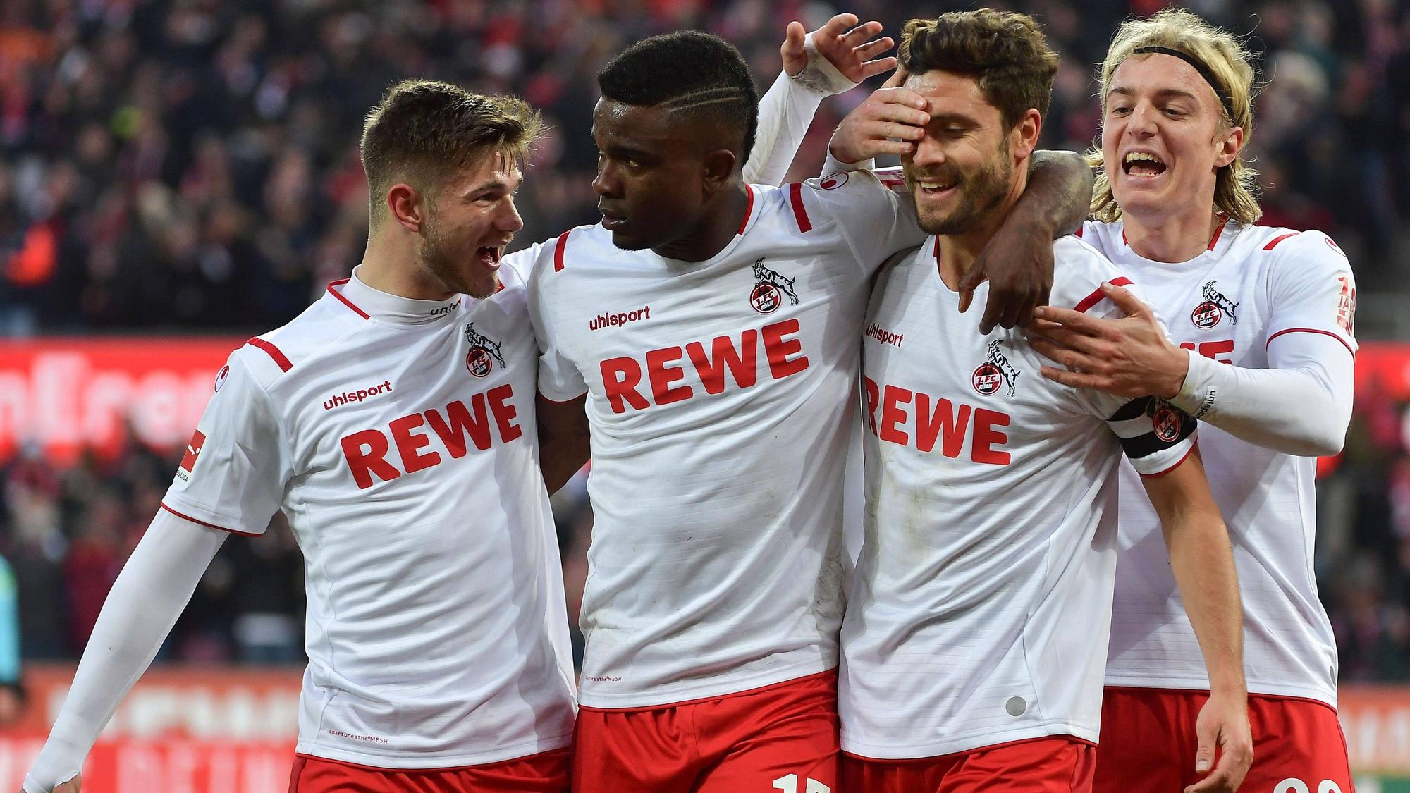 Jhon Cordoba (2.v.l.) jubelte am 18. Januar 2020 mit seinen damaligen Köln-Kollegen Jan Thielmann, Jonas Hector und Sebastiaan Bornauw gegen den VfL Wolfsburg.