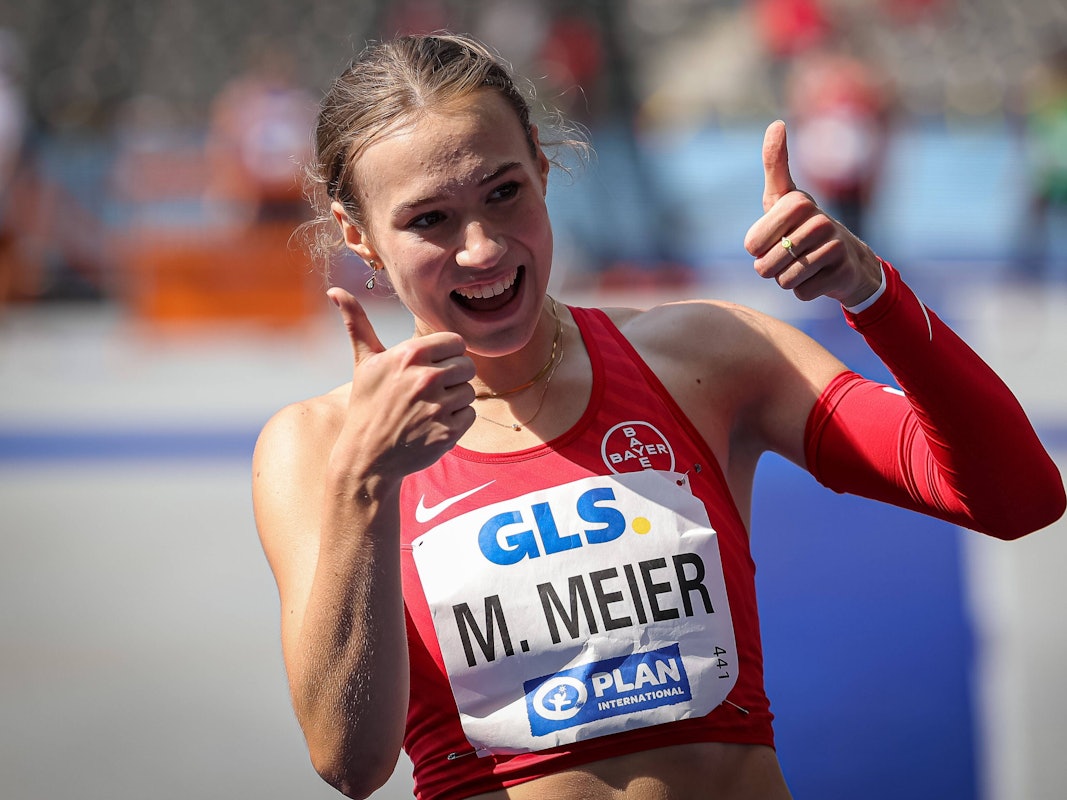 Marlene Meier (TSV Bayer 04 Leverkusen) freut sich über ihre neu persönliche Bestzeit über 100 Meter Hürden.
