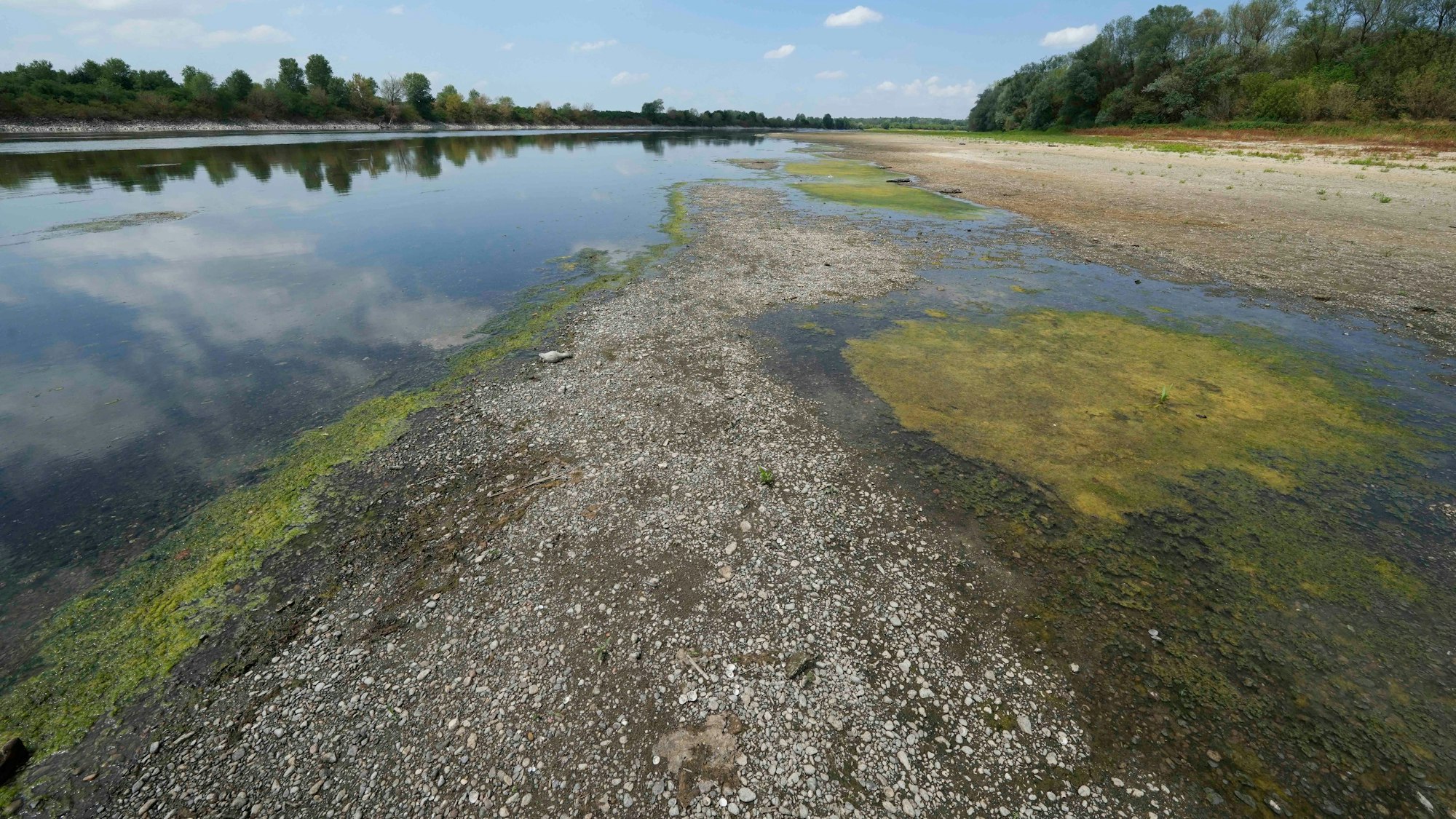 Ein Blick auf das Flussbett des Po in Italien. Das Austrocknen des Flusses gefährdet die Trinkwasserversorgung.