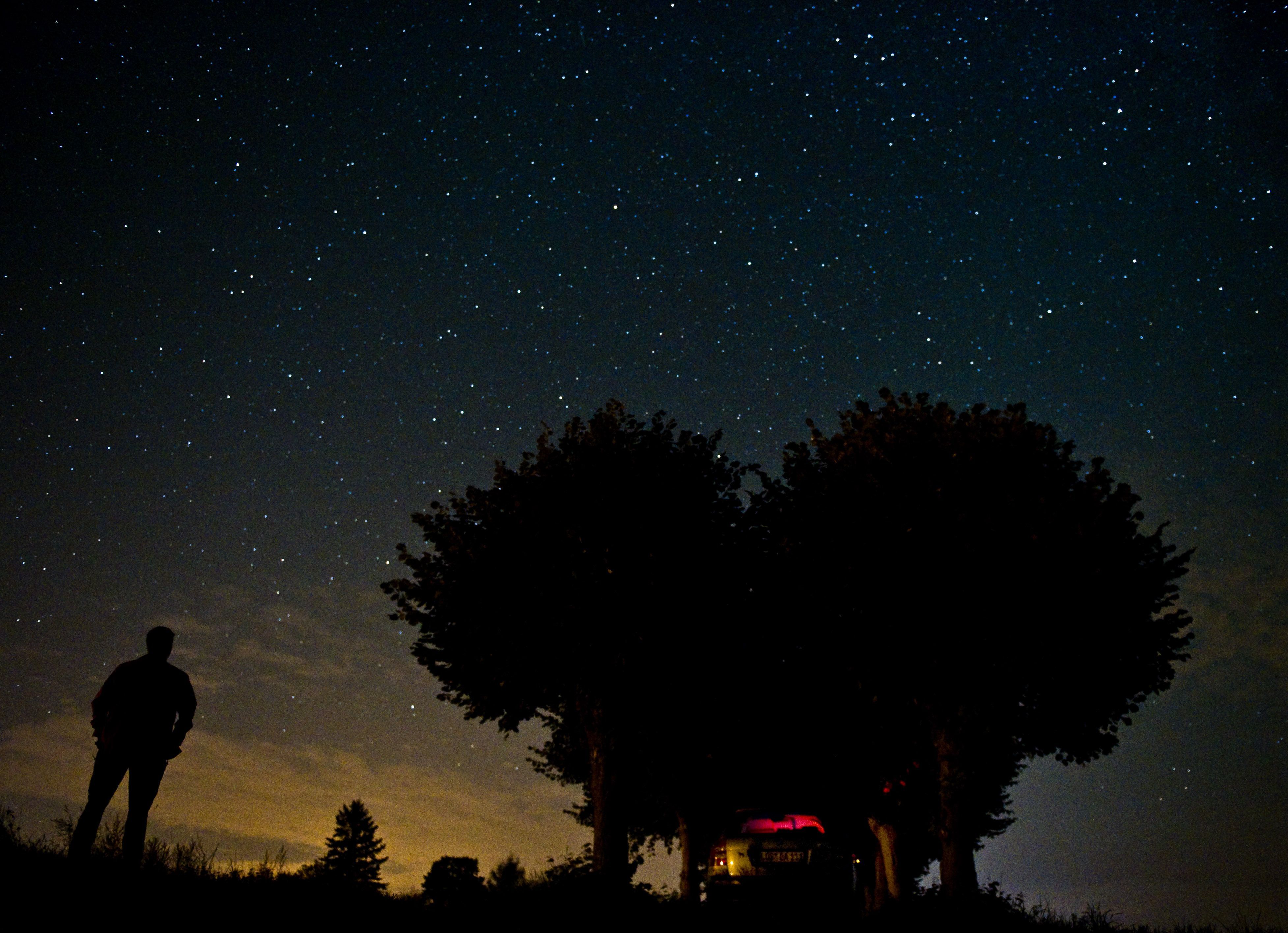 Ein Mann steht in der Nacht zum 12. August 2010 auf einem Feld und schaut in den Sternenhimmel über dem brandenburgischen Petersdorf (Oder-Spree).