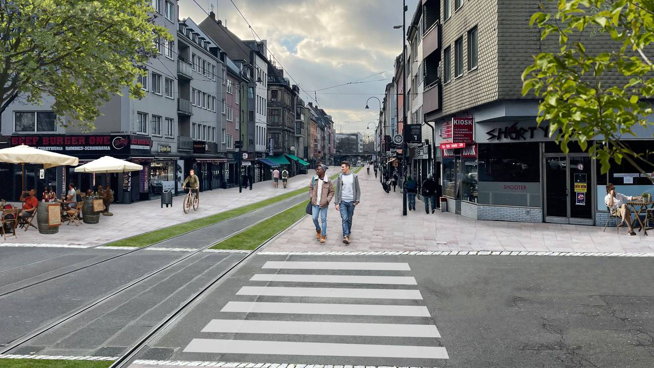 Visualisierung einer autofreien Zülpicher Straße mit Fußgängerwegen und Grüninseln.