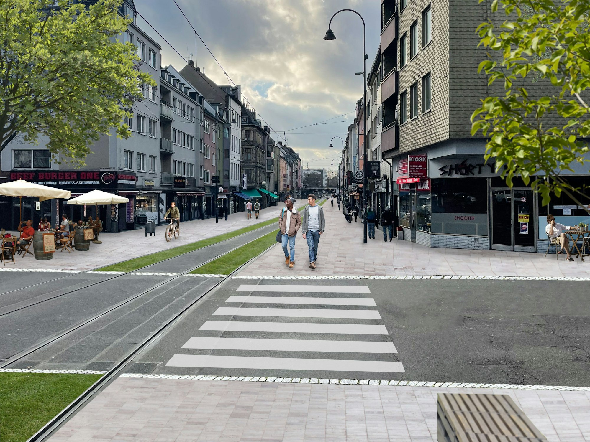 Visualisierung einer autofreien Zülpicher Straße mit Fußgängerwegen und Grüninseln.