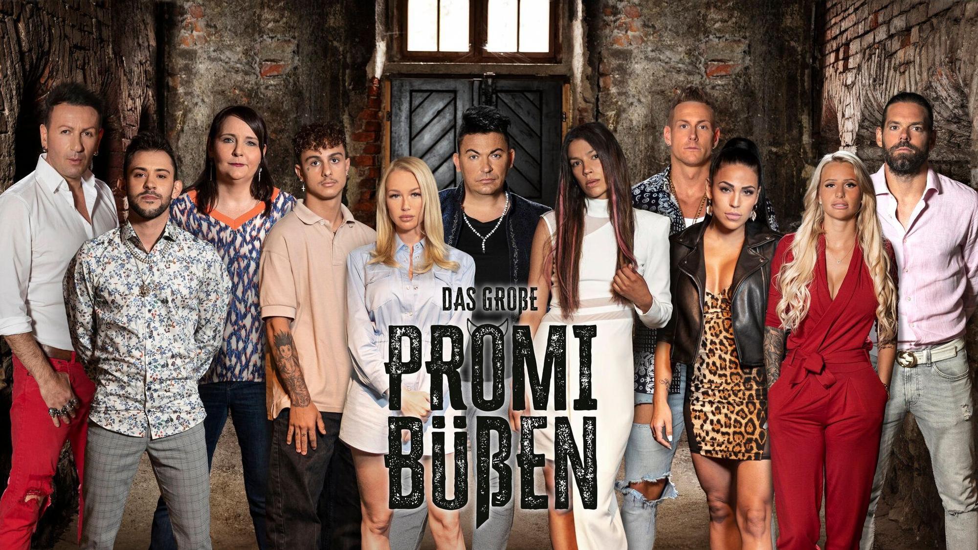 Die Teilnehmer von „Das große Promi-Büßen“ (v.l.): Ennesto Monté; Daniele Negroni; Helena Fürst; Simex; Tessa Hövel; Matthias Mangiapane; Gisele Oppermann; Calvin Kleinen; Elena Miras; Carina Spack; Daniel Köllerer