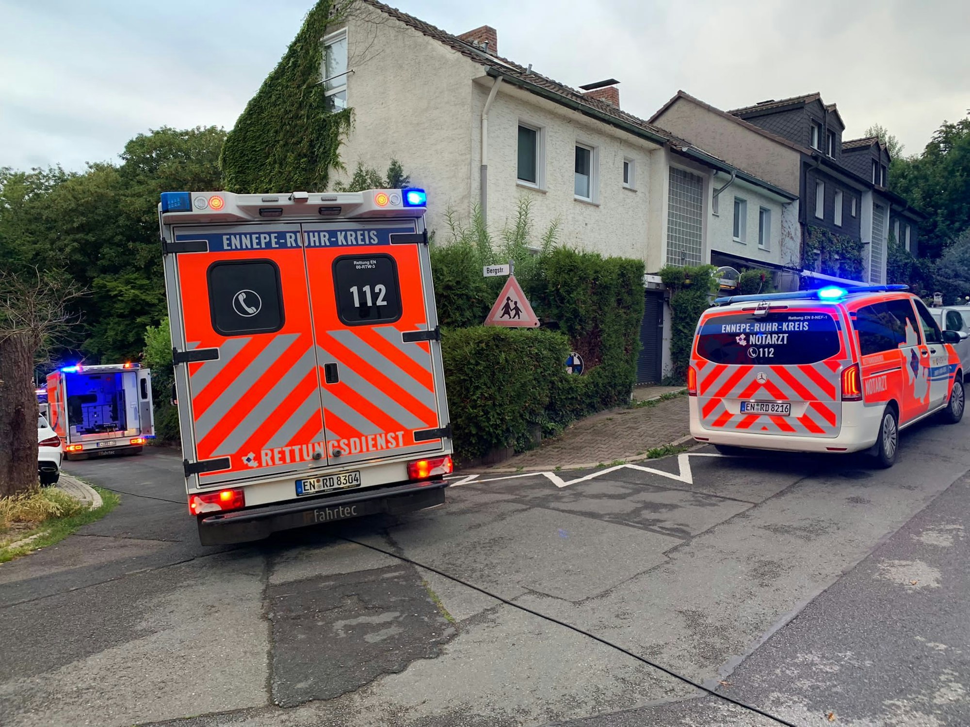 Feuerwehr mit mehreren Autos vor Wohnhäusern und einem Waldgebiet.