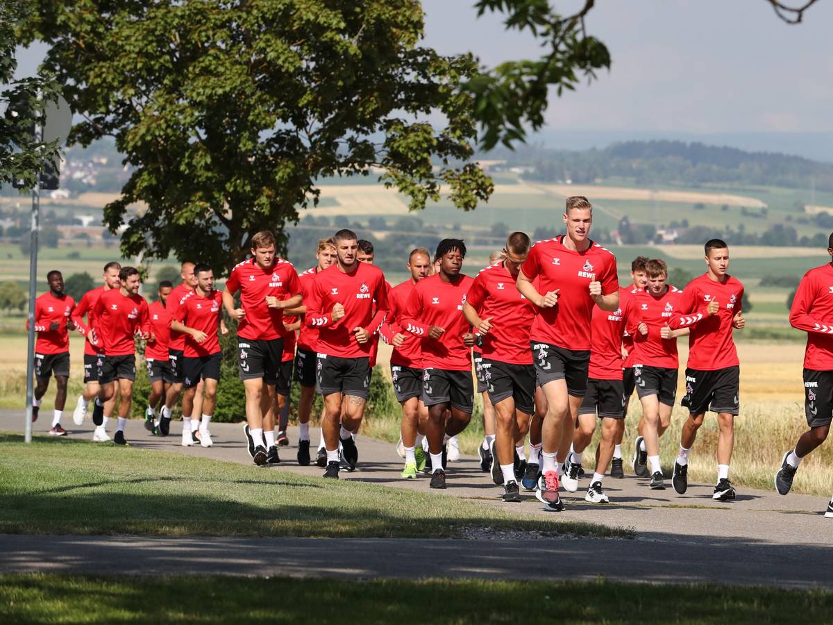 Die Profis des 1. FC Köln laufen beim Training.