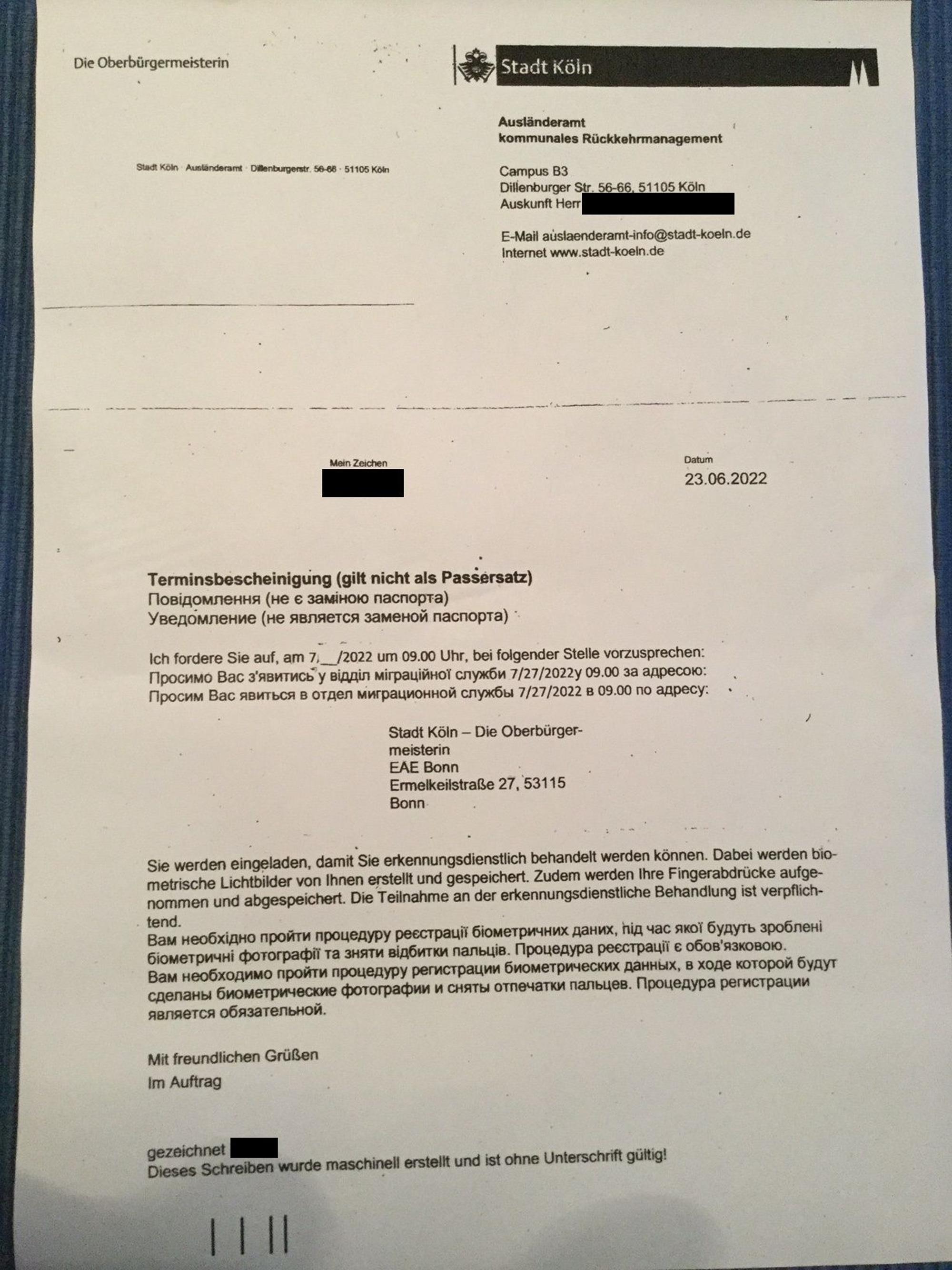 Ein Brief der Ausländerbehörde Köln an ukrainische Geflüchtete.