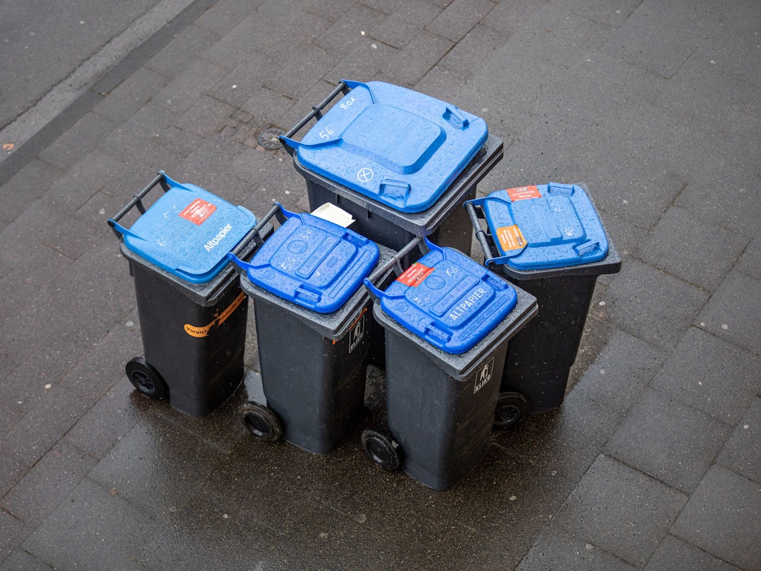 Abfalltonnen mit blauem Deckel, umgangssprachlich auch „Blaue Tonne“ genannt, für Altpapier stehen zur Abholung der AWB (Kölner Abfallwirtschaftsbetriebe) am Straßenrand.