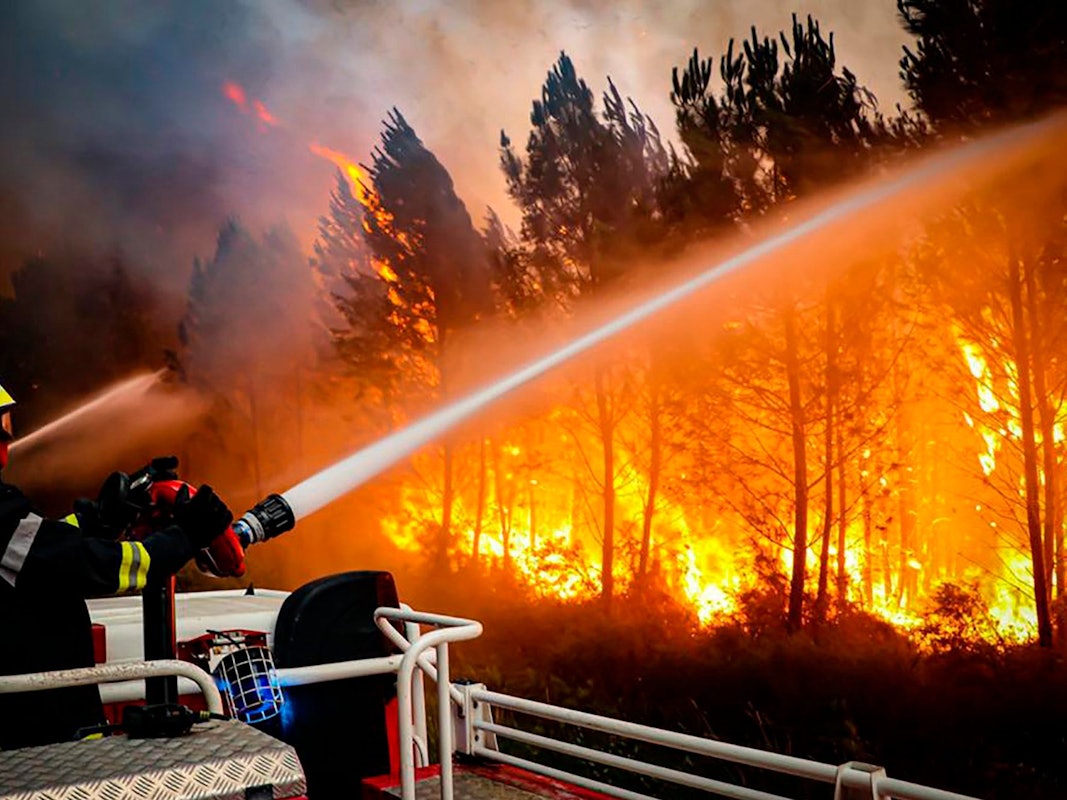 Dieses Foto, das von der Feuerwehr der Region Gironde zur Verfügung gestellt wurde, zeigt Feuerwehrleute, die am 14. Juli 2022 ein Lauffeuer in der Nähe von Landiras im Südwesten Frankreichs bekämpfen.
