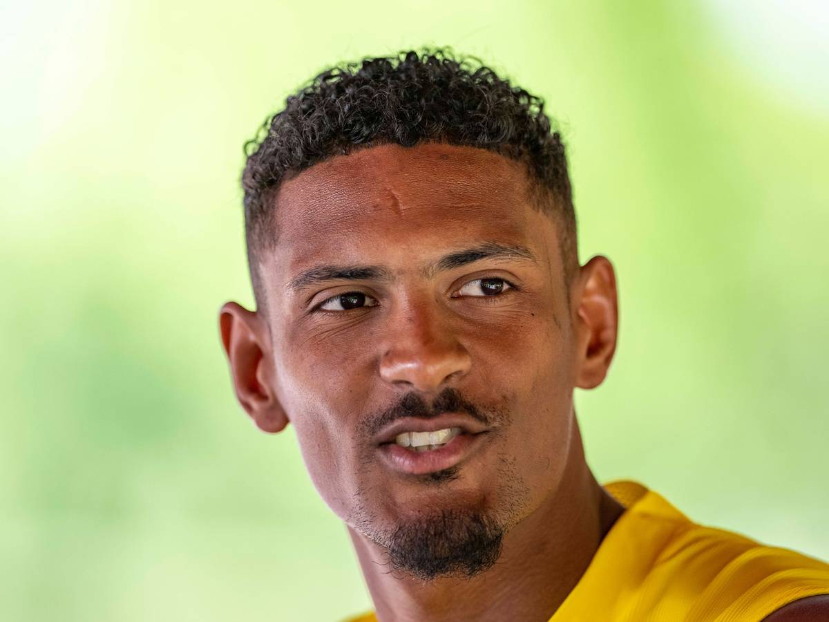 Sébastien Haller spricht in der Medienrunde zu den Journalisten.