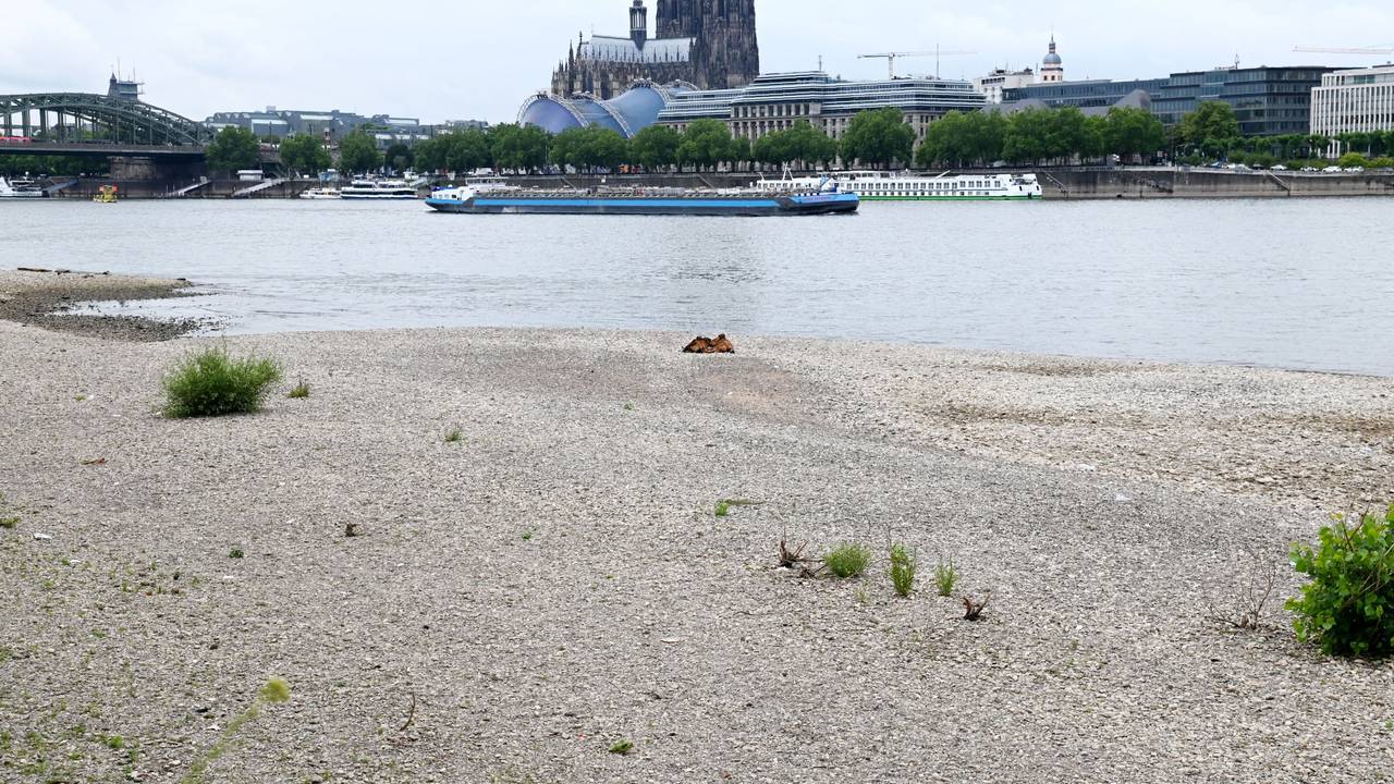 Der Rhein in Köln mit Niedrigwasser und einem Pegelstand um die 1,79 Meter am 22. Juni 2022.