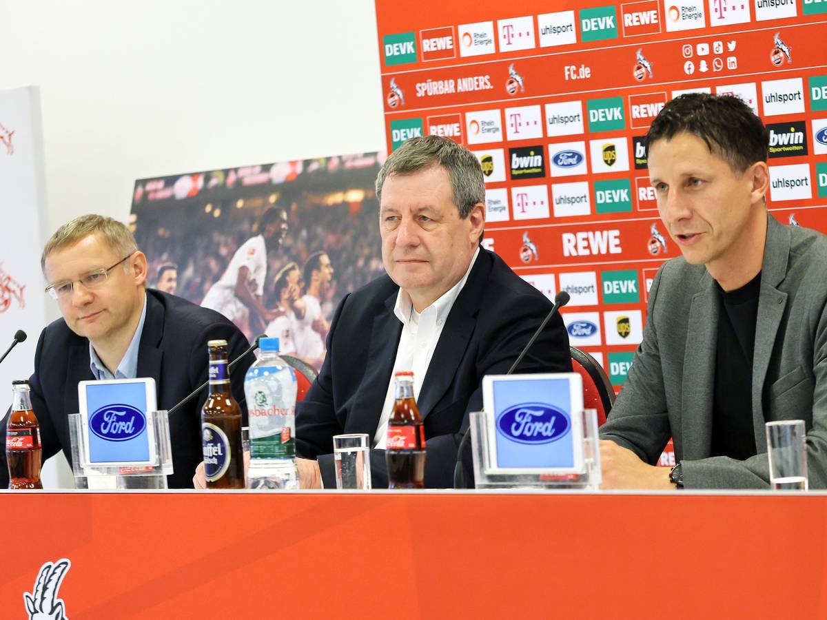 FC-Geschäftsführer Christian Keller, Präsident Werner Wolf und Vize Eckhard Sauren am 4. April 2022 im Geißbockheim