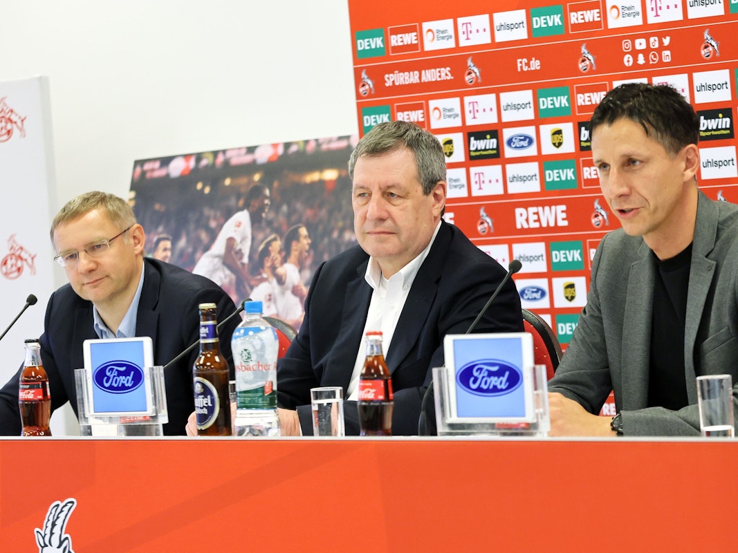 FC-Geschäftsführer Christian Keller, Präsident Werner Wolf und Vize Eckhard Sauren am 4. April 2022 im Geißbockheim