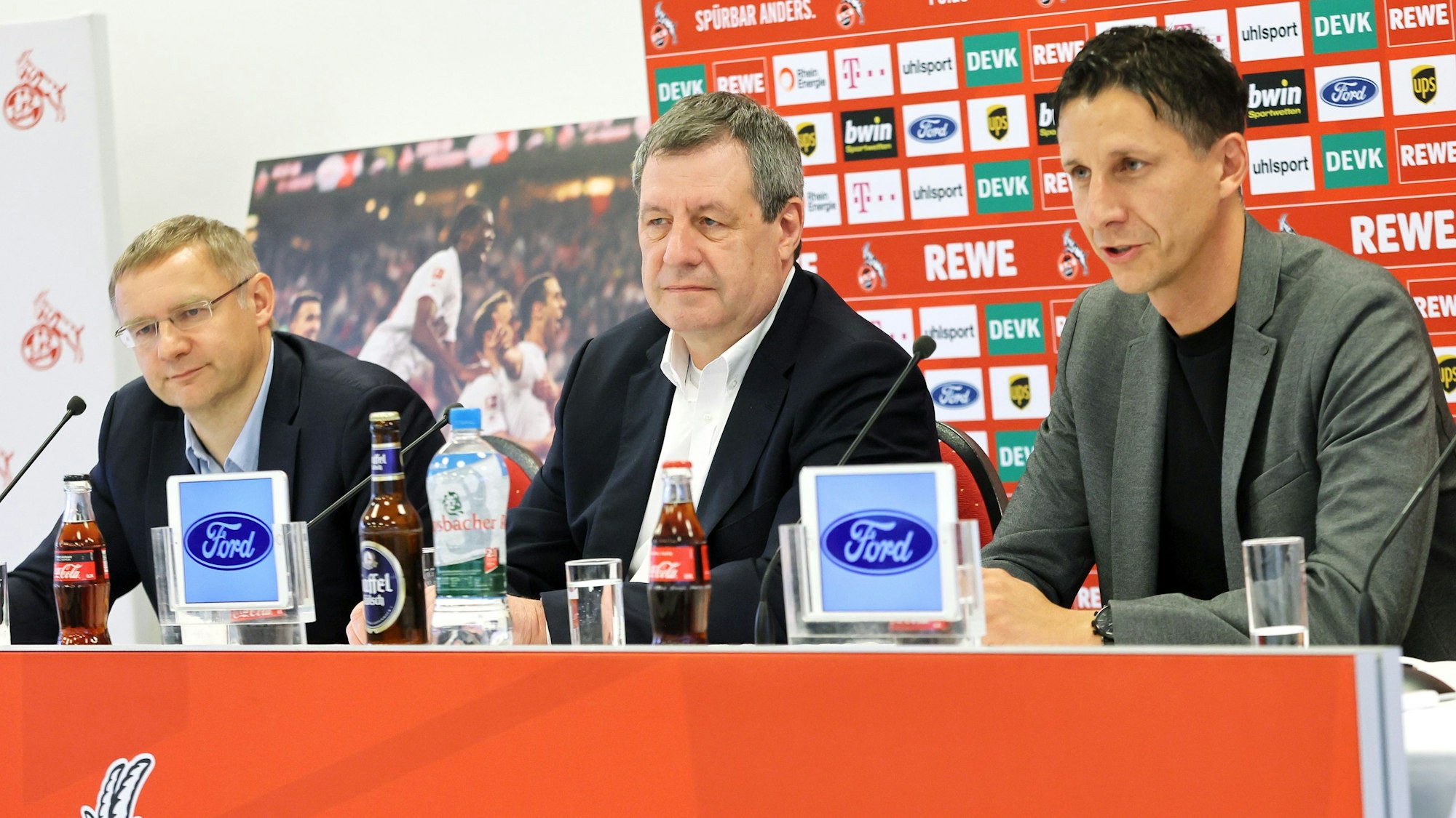 FC-Geschäftsführer Christian Keller, Präsident Werner Wolf und Vize Eckhard Sauren am 4. April 2022 im Geißbockheim